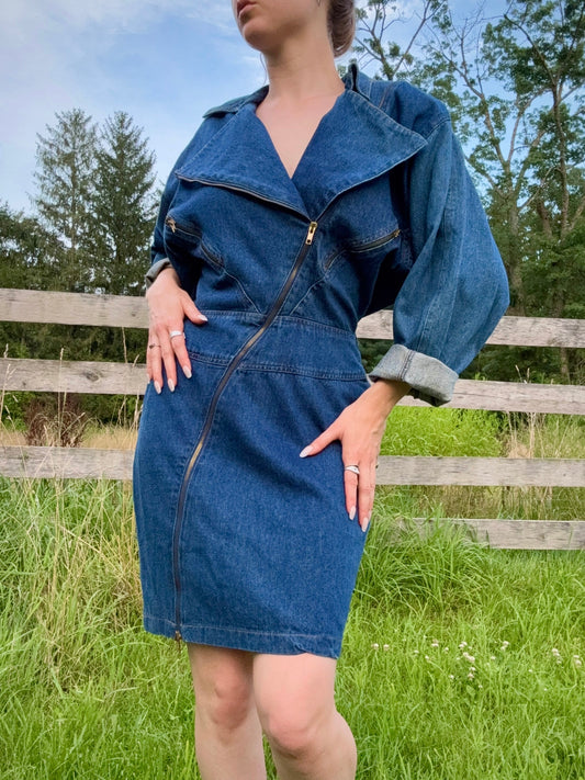 Vintage 1980s Joni Blair Zip-Front Batwing Sleeve Denim Dress | S/M