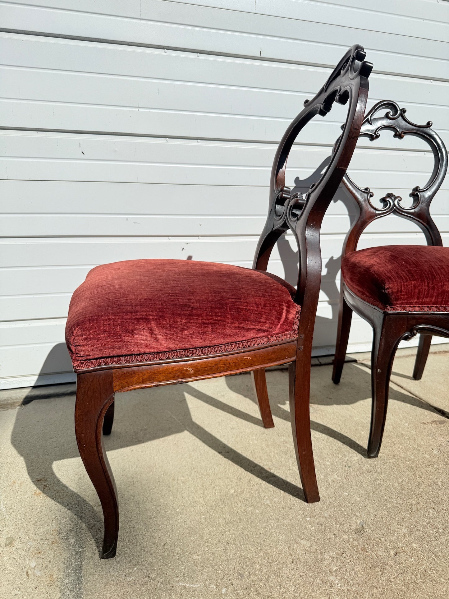 Antique 1900s Red Velvet Carved Rosewood Balloon Back Chairs | Set of 2