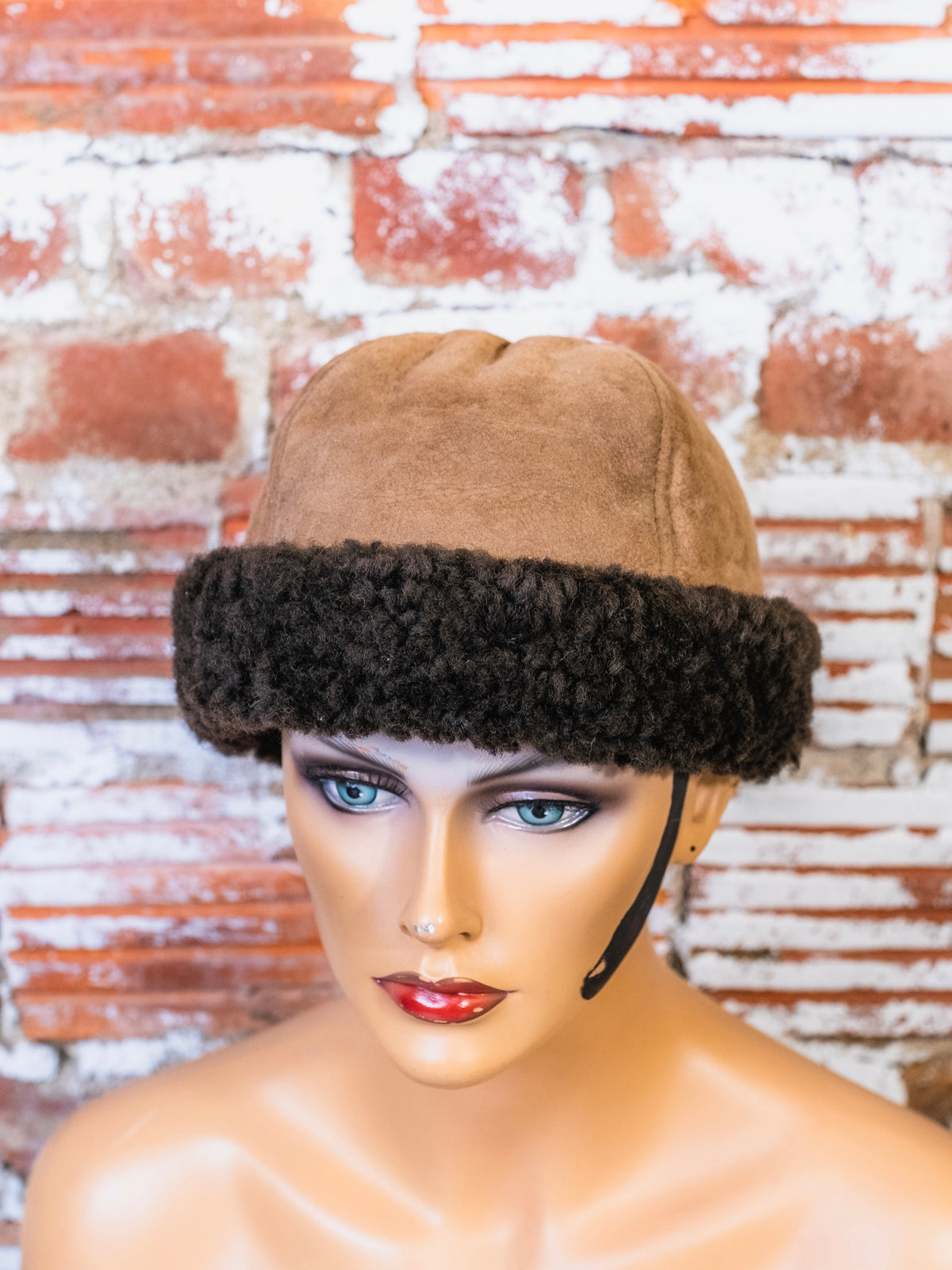 Vintage 1960s Brown Sheepskin Shearling Suede Winter Hat