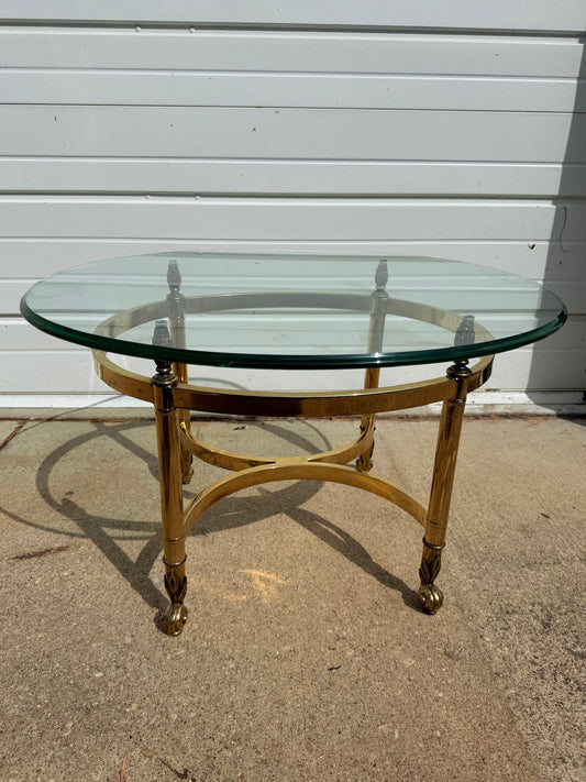 Vintage 1960s Hollywood Regency Solid Brass & Glass Top Oval Coffee Table