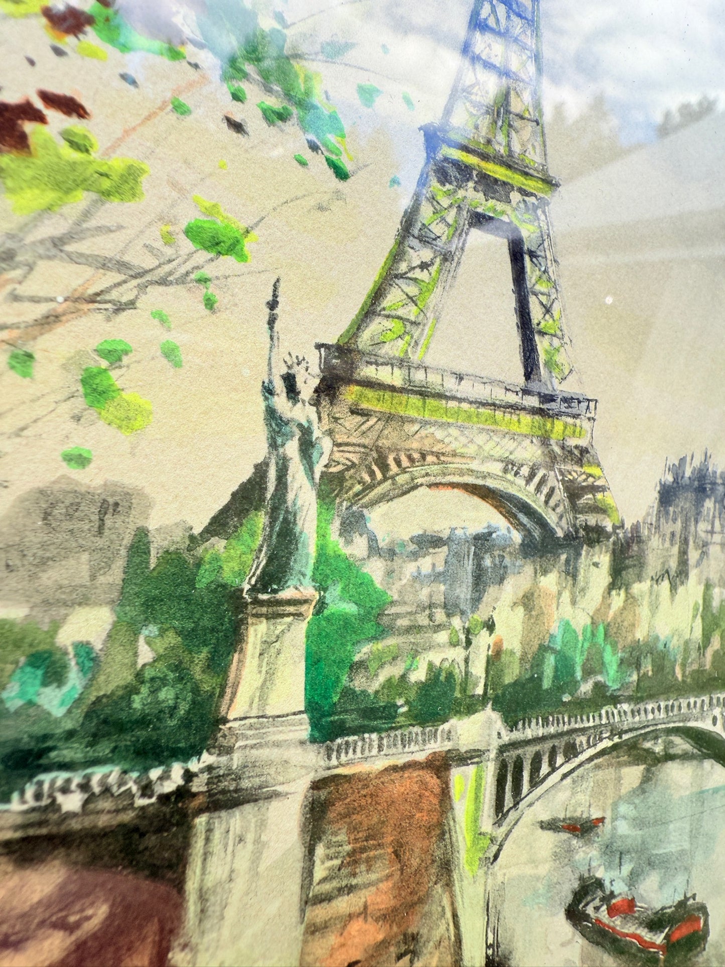 Vintage 1960s Framed Paris Eiffel Tower Watercolor Artwork