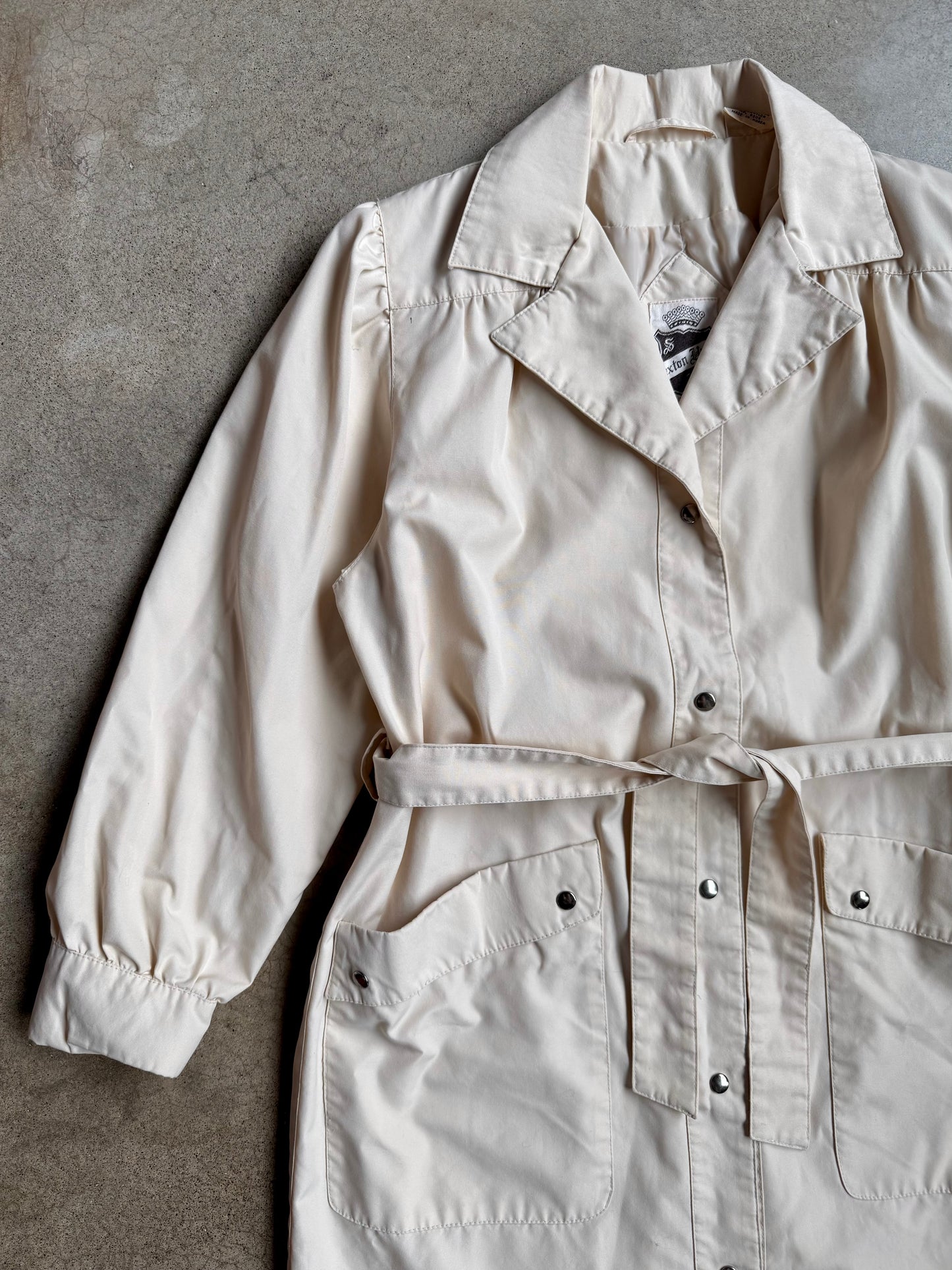 Vintage 1970s Saxton Hall Cream Belted Trench Coat | Medium