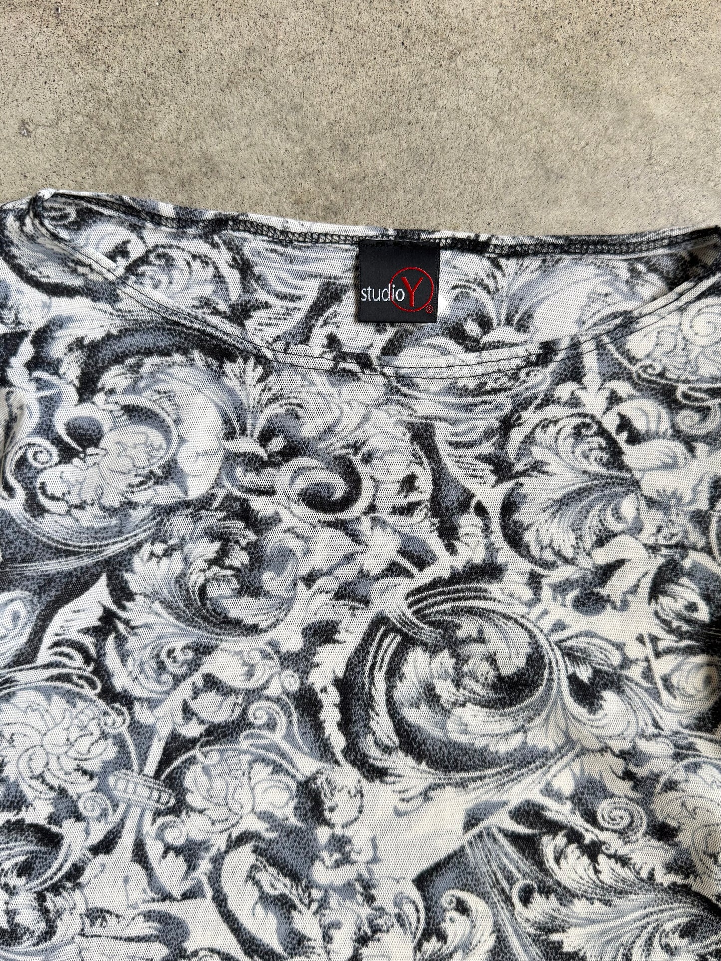 Vintage 1990s Studio Y Grey Baroque Print Ruffle Sleeve Mesh Top | Small