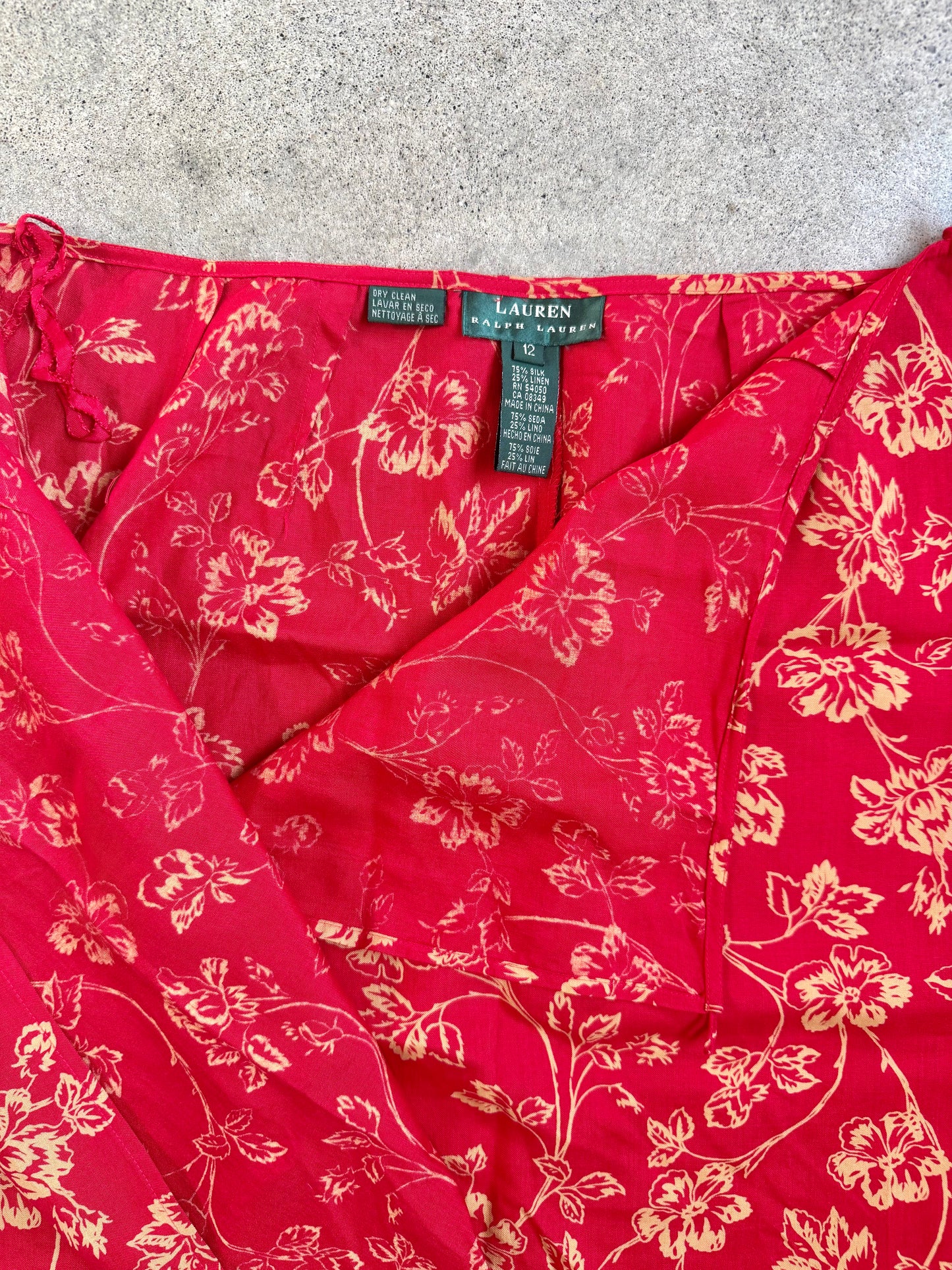Vintage 1990s Lauren Ralph Lauren Red Floral Silk & Linen Wrap Skirt | Waist 31”
