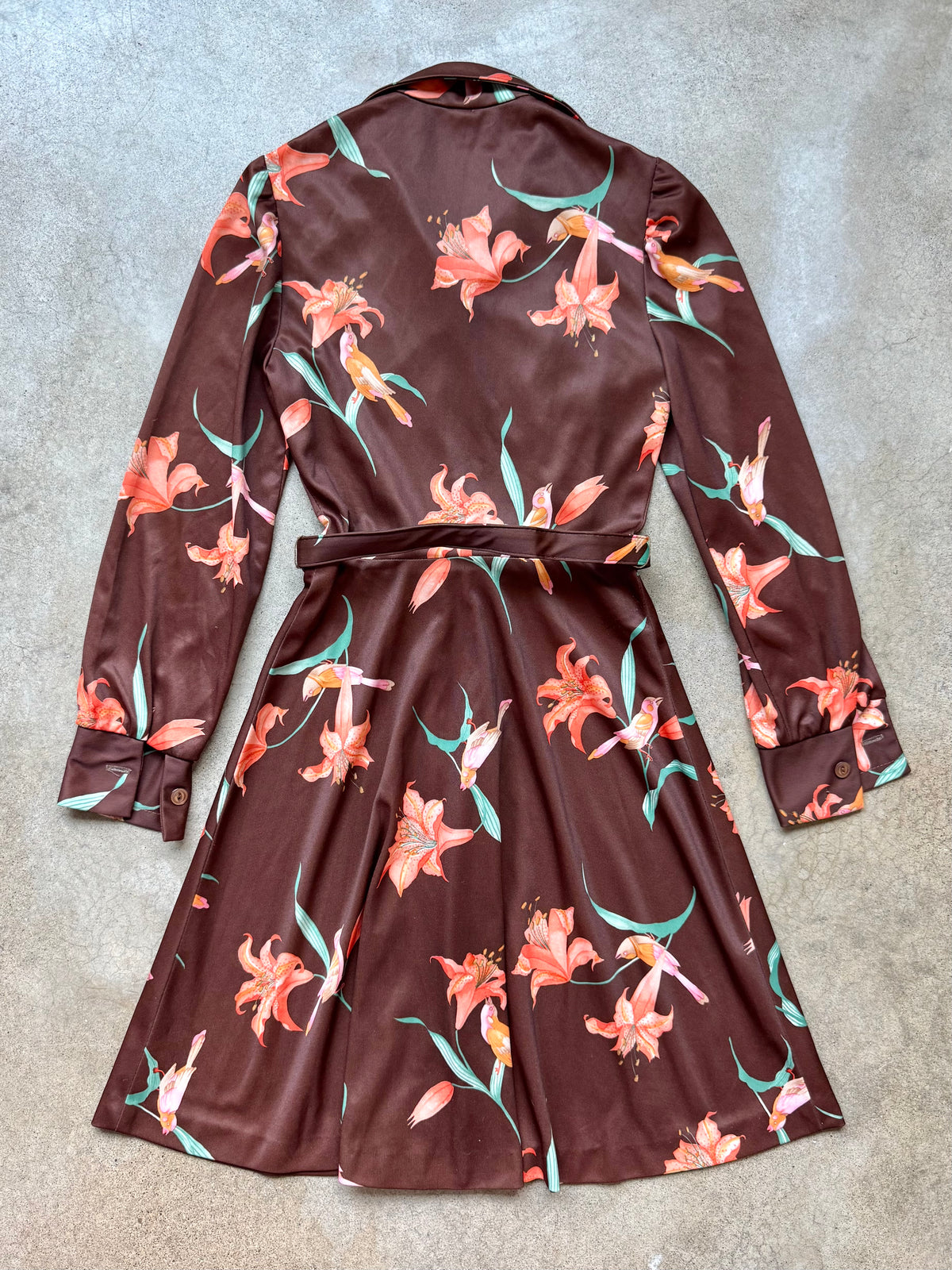 Vintage 1970s Brown & Orange Floral Button-Front Long Sleeve Belted Dress | XS/S