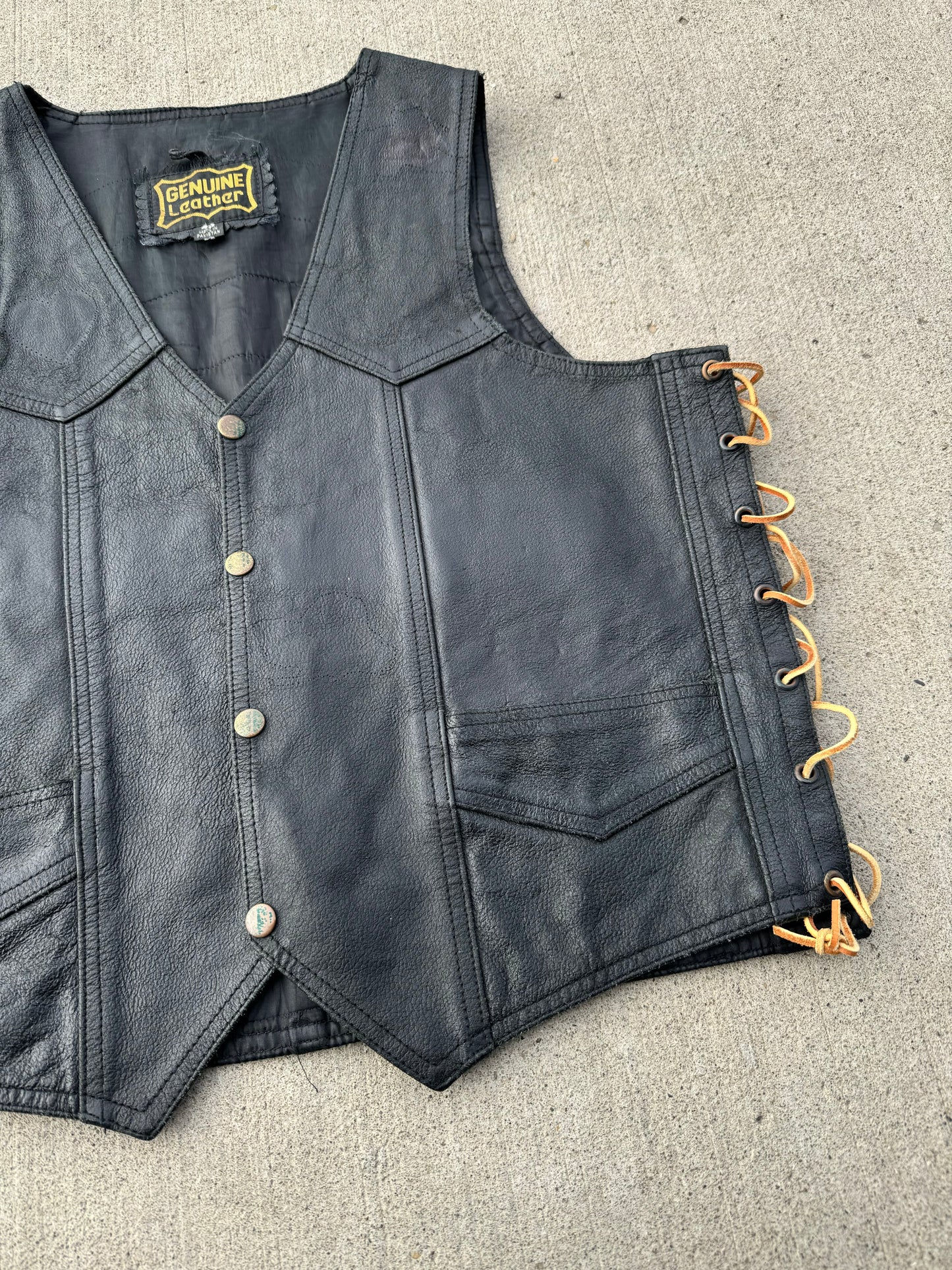 Vintage Lace-Up Western Black Leather Vest | Large