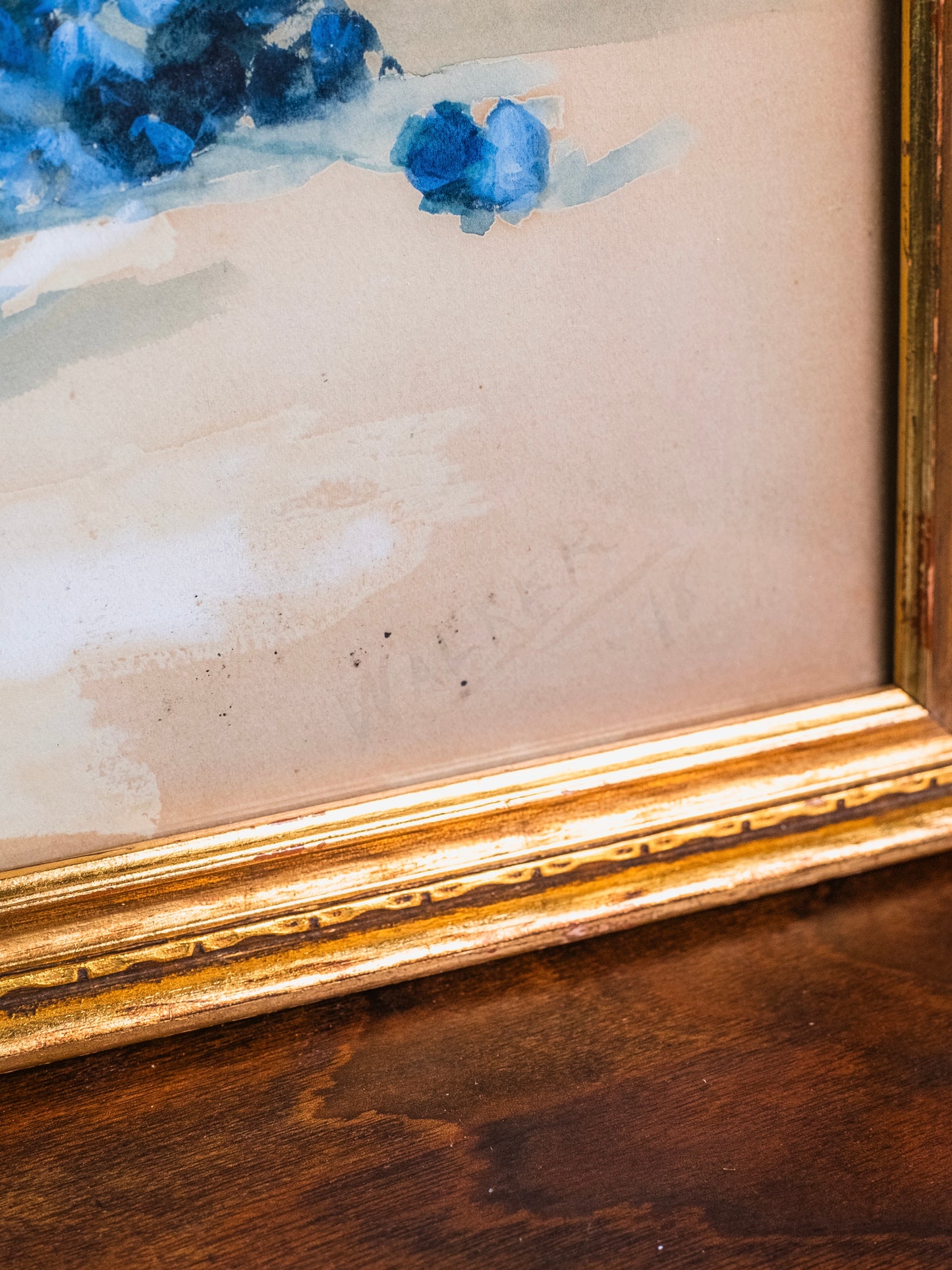 Antique 1898 Framed Blue Hydrangeas Watercolor Artwork | Signed