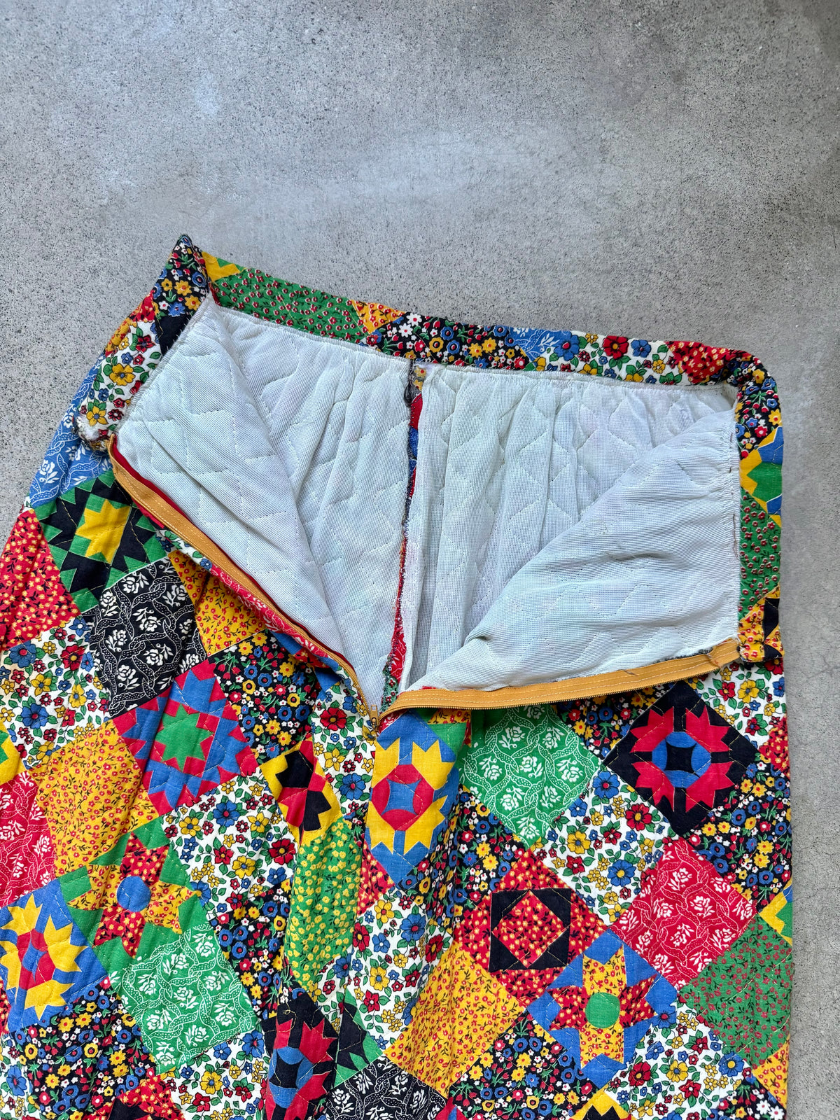 Vintage 1960s Handmade Patchwork Quilted Maxi Skirt | Waist 28”