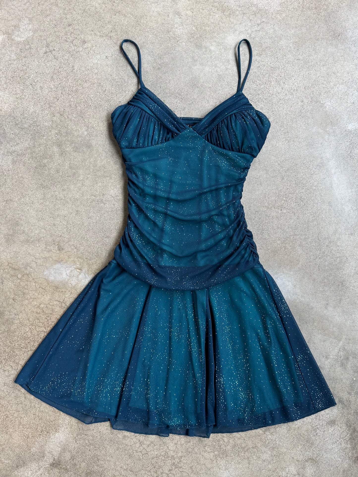 2000s City Triangles Sparkly Teal Ruched Mini Party Dress | S/M