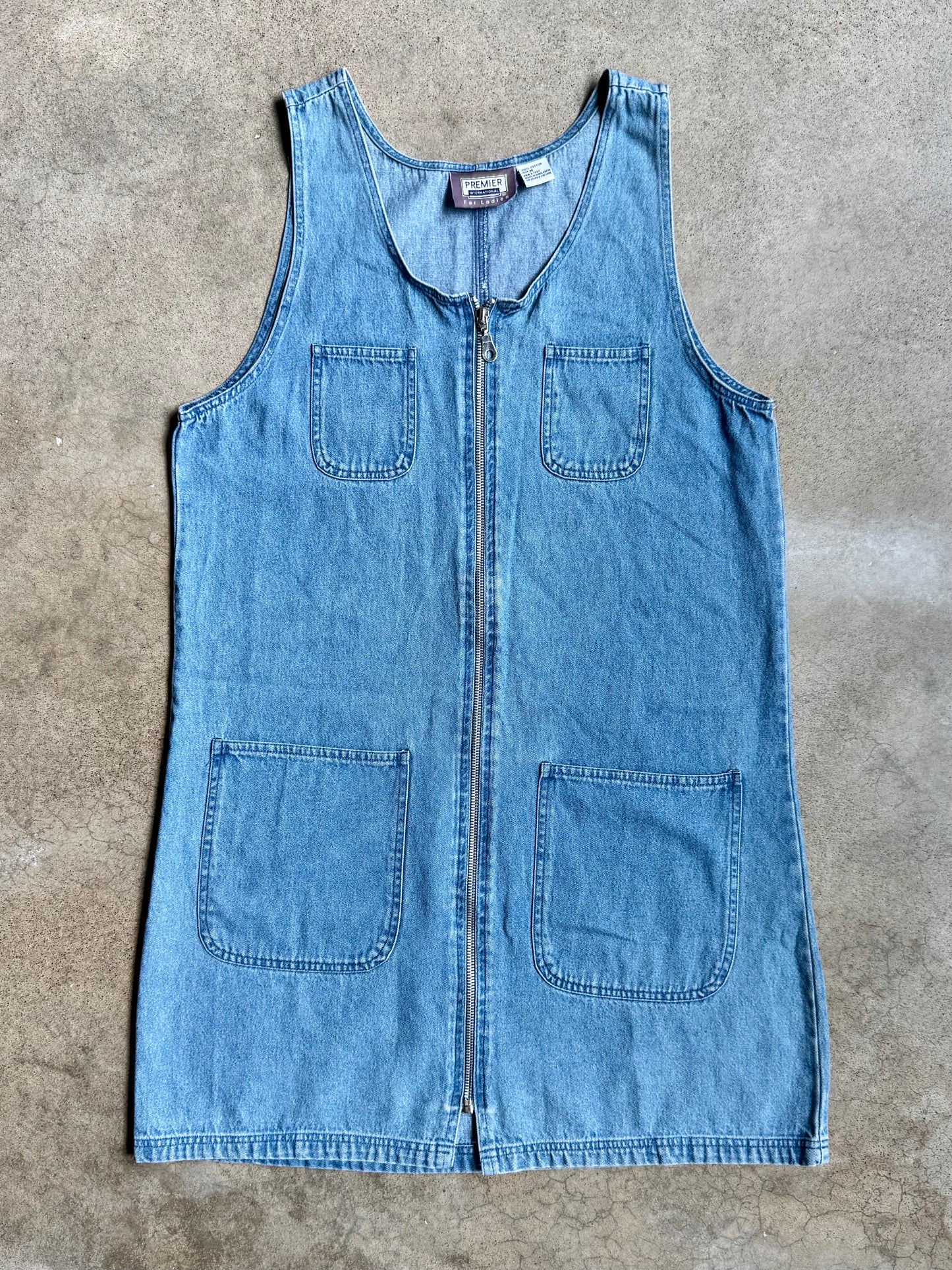 Vintage 1990s Premier International Zip-Up Sleeveless Denim Dress | Medium