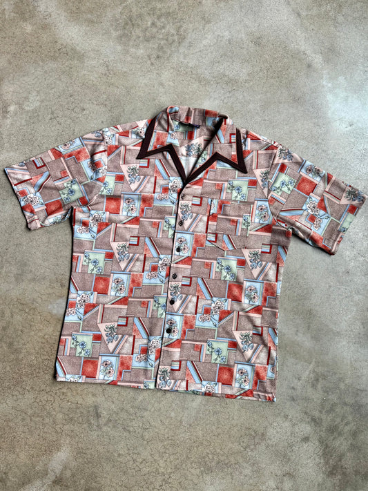 Vintage 1970s Joel Cal-Made Geometric Floral Short Sleeve Shirt | Large