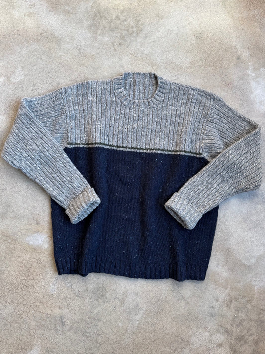 Vintage 1980s Grey & Navy Blue Speckled Color-Block Wool Sweater | XL
