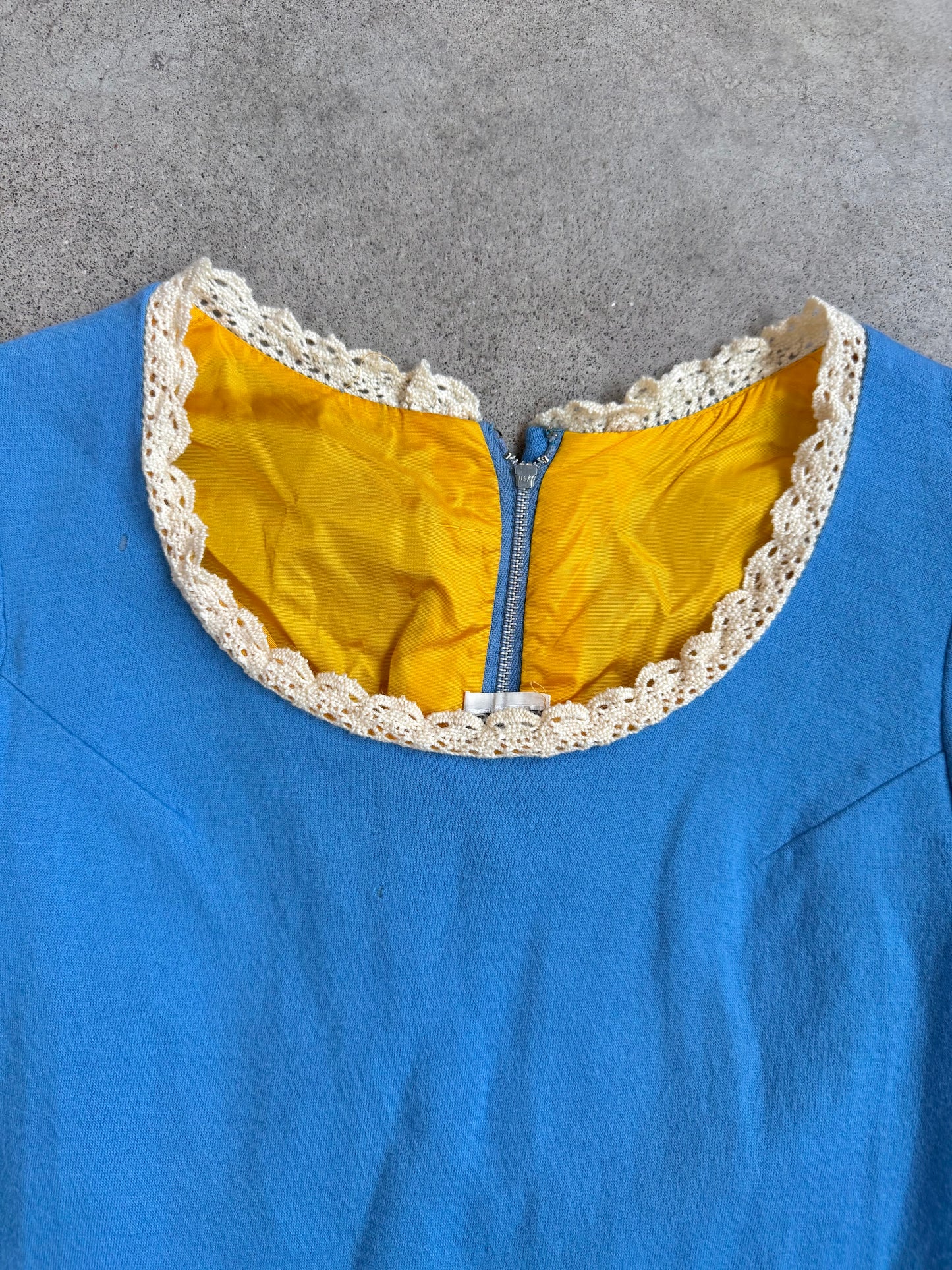 Vintage 1960s Denise Blue Wool & Crochet Trim Long Sleeve Dress | XS