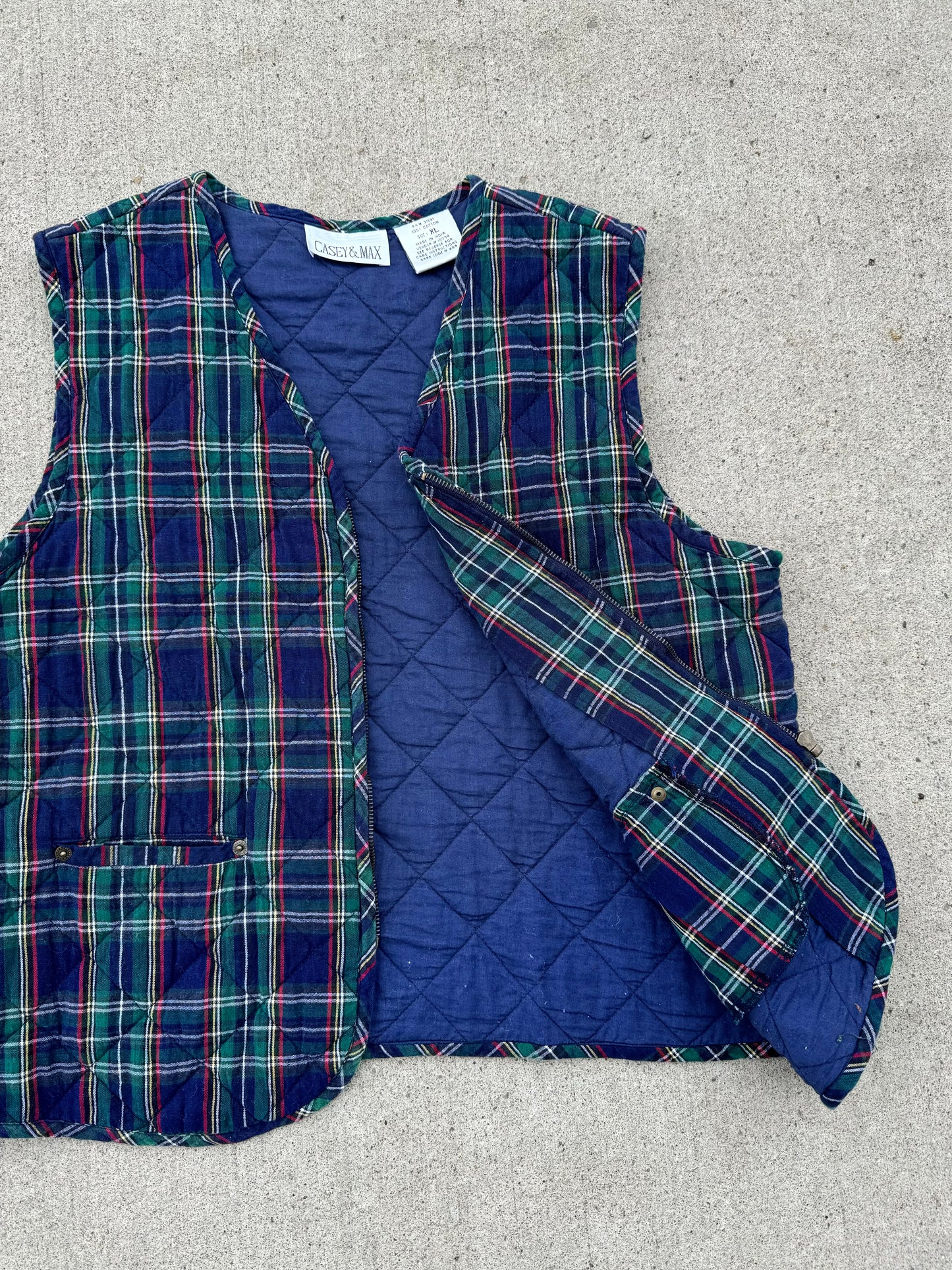 Vintage 1990s Casey & Max Plaid Quilted Cotton Zip-Up Vest | XL