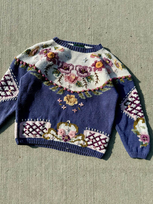 Vintage Cullinane Hand Knit Purple Floral Sweater | Small