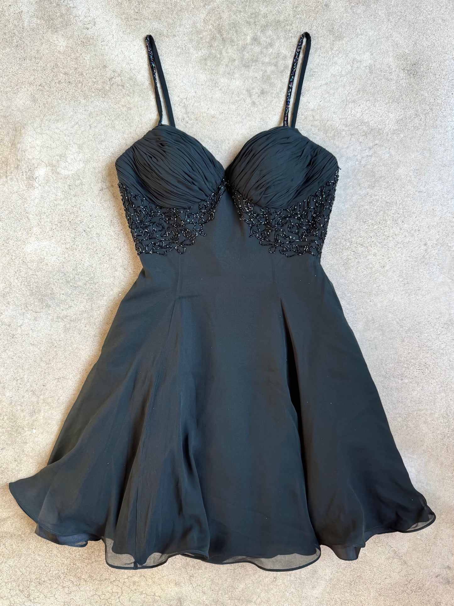 Vintage 1990s Mike Benet Formals Black Silk Beaded Mini Party Dress | S/M