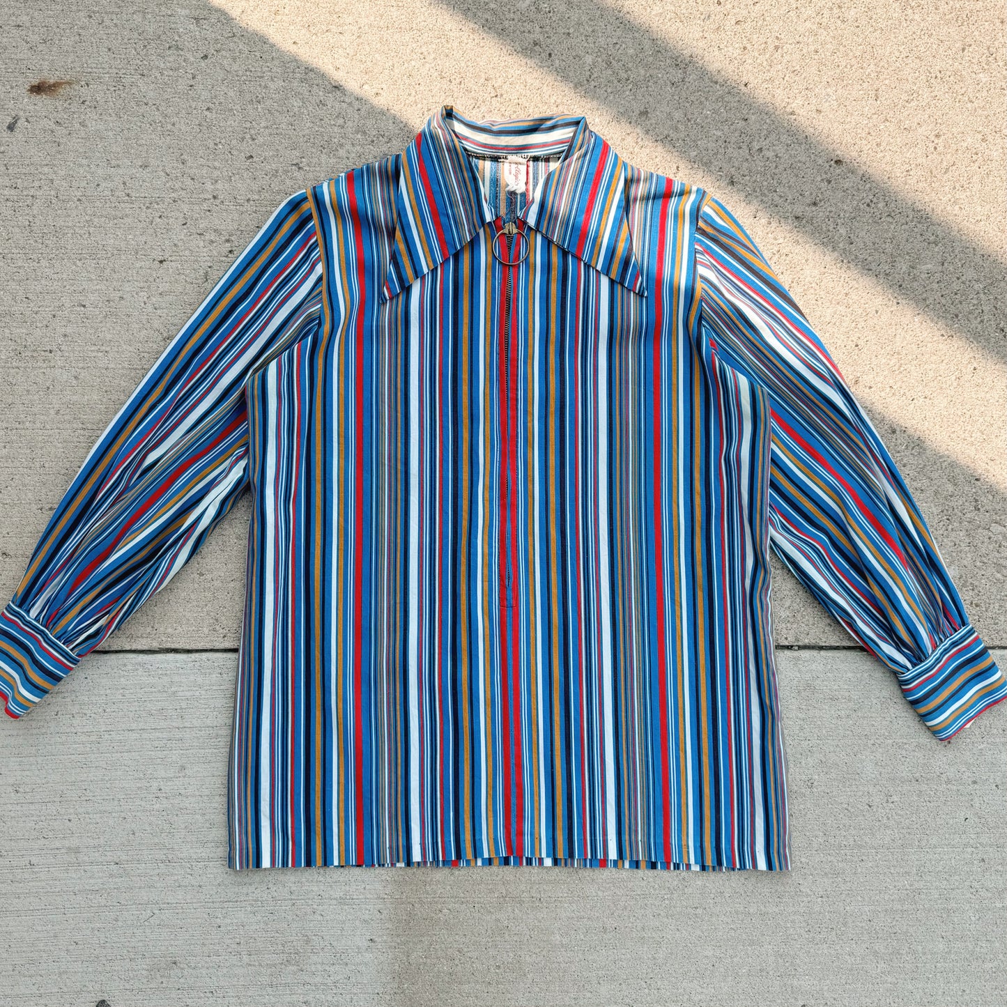 Vintage 1960s Striped O-Ring Zip Up Dagger Collar Shirt