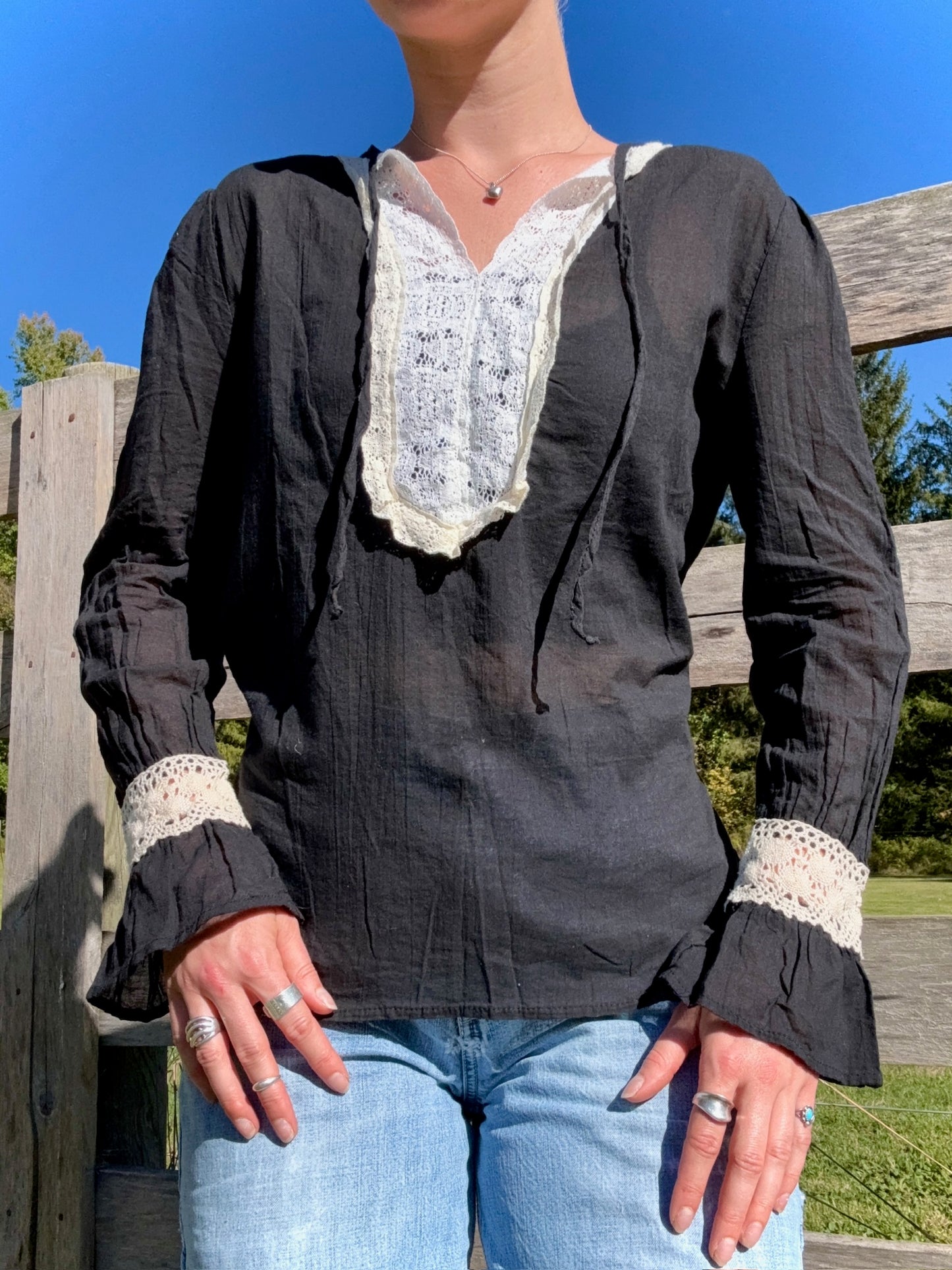 Vintage 1970s Clio Black Crochet Lace Cotton Tunic Blouse | Large