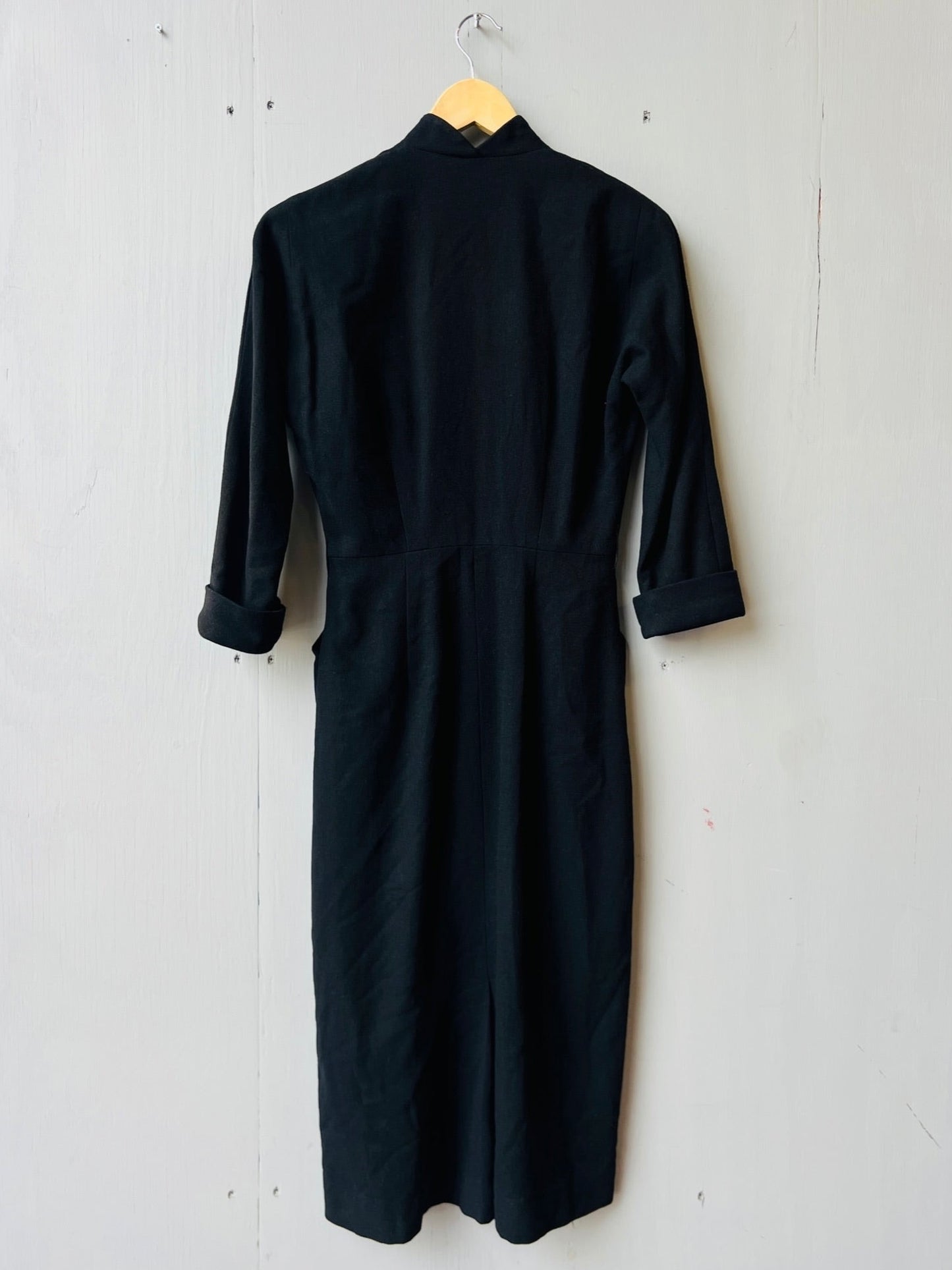 Vintage 1950s Pomette Black Wool Fitted Cocktail Dress | Small