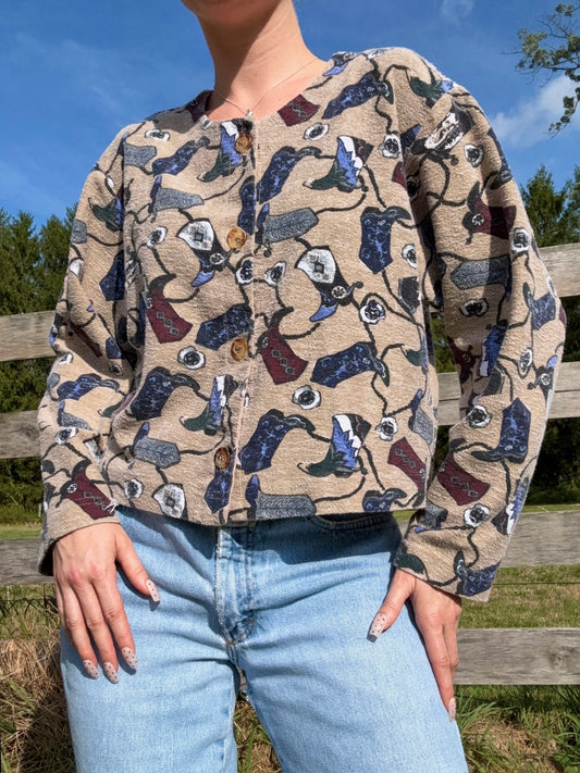 Vintage 1990s Cowboy Boot Printed Button-Up Cardigan | Large