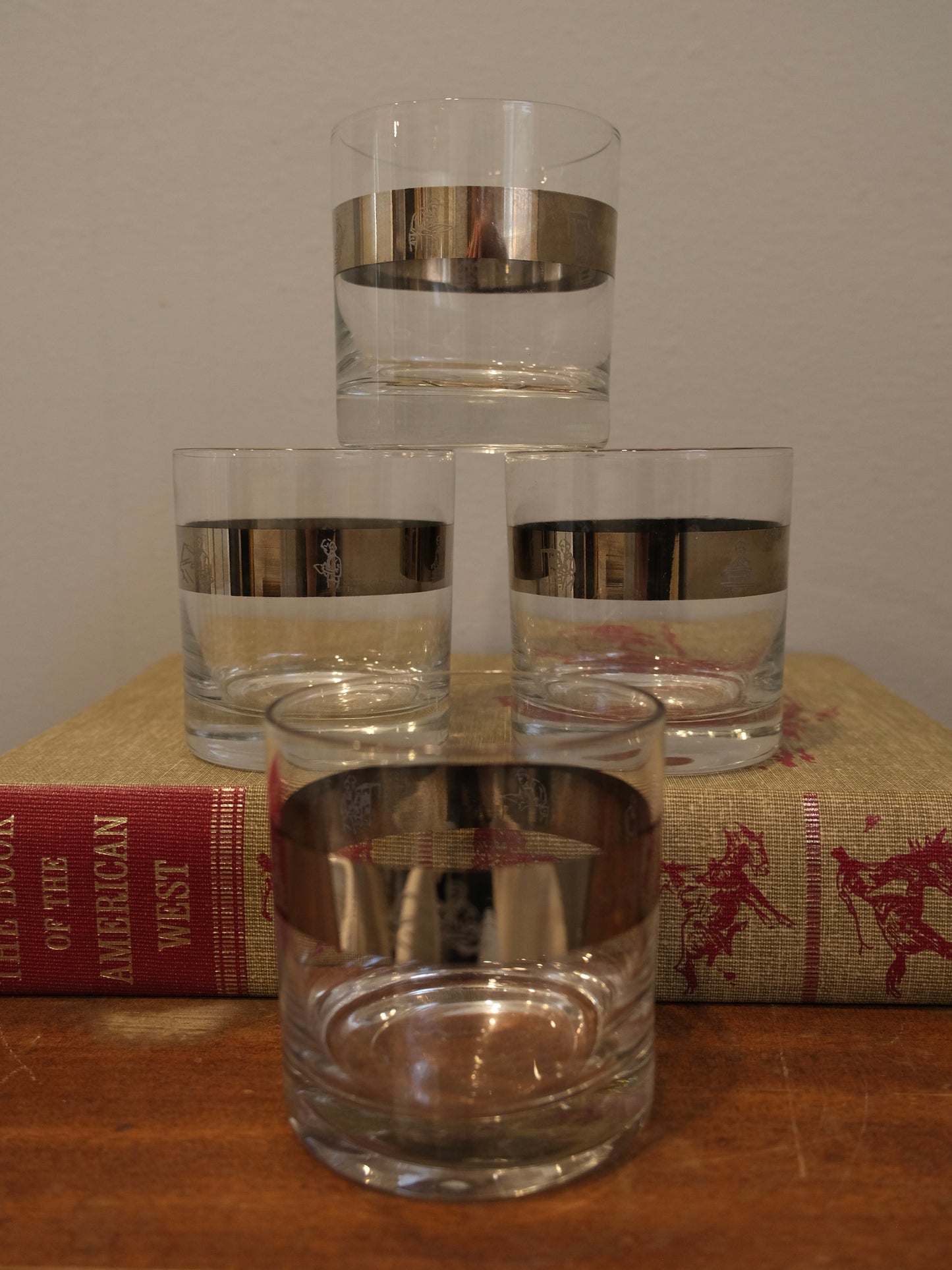 Vintage 1950s Etched Silver Band Lowball Glasses | Set of 4