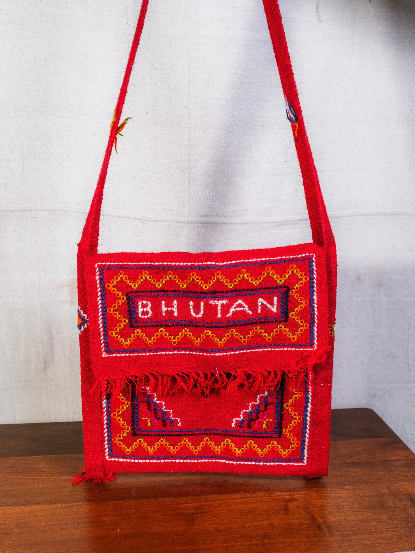 Vintage 1960s Bhutan Embroidered Red Woven Crossbody Bag