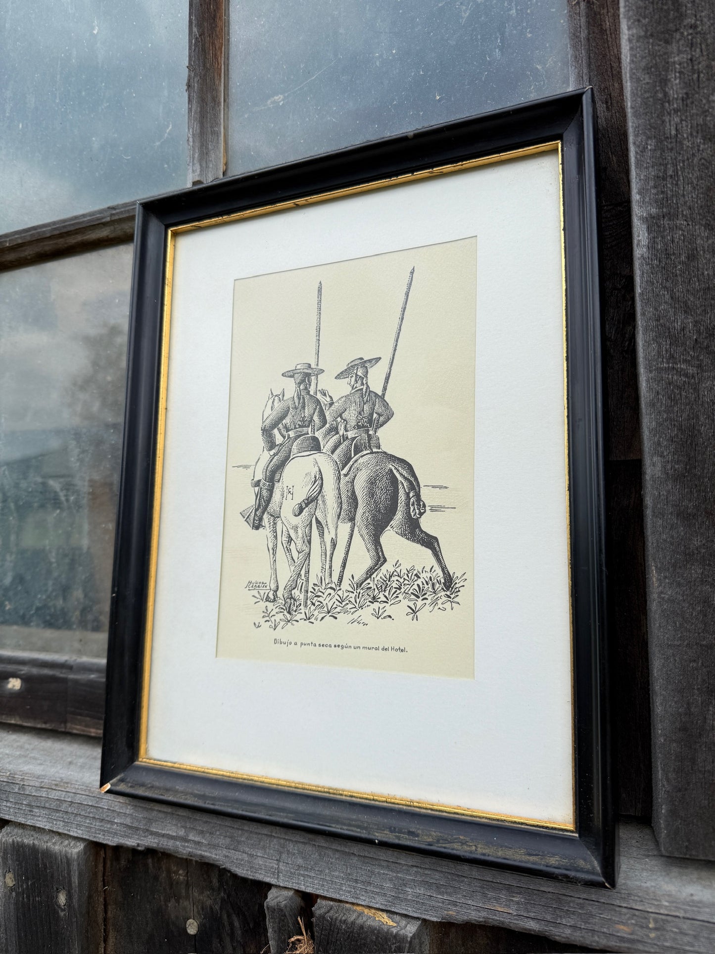 Vintage 1960s Framed Mexico Muñoz Cebrian “Men On Horses” Print Artwork