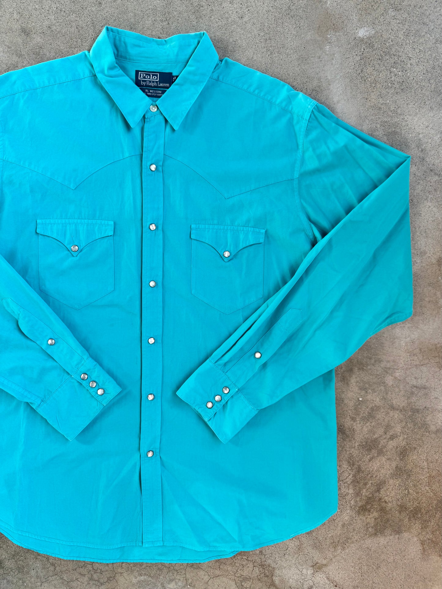 Vintage 1990s Polo Ralph Lauren RL Western Aqua Blue Pearl Snap Shirt | XL