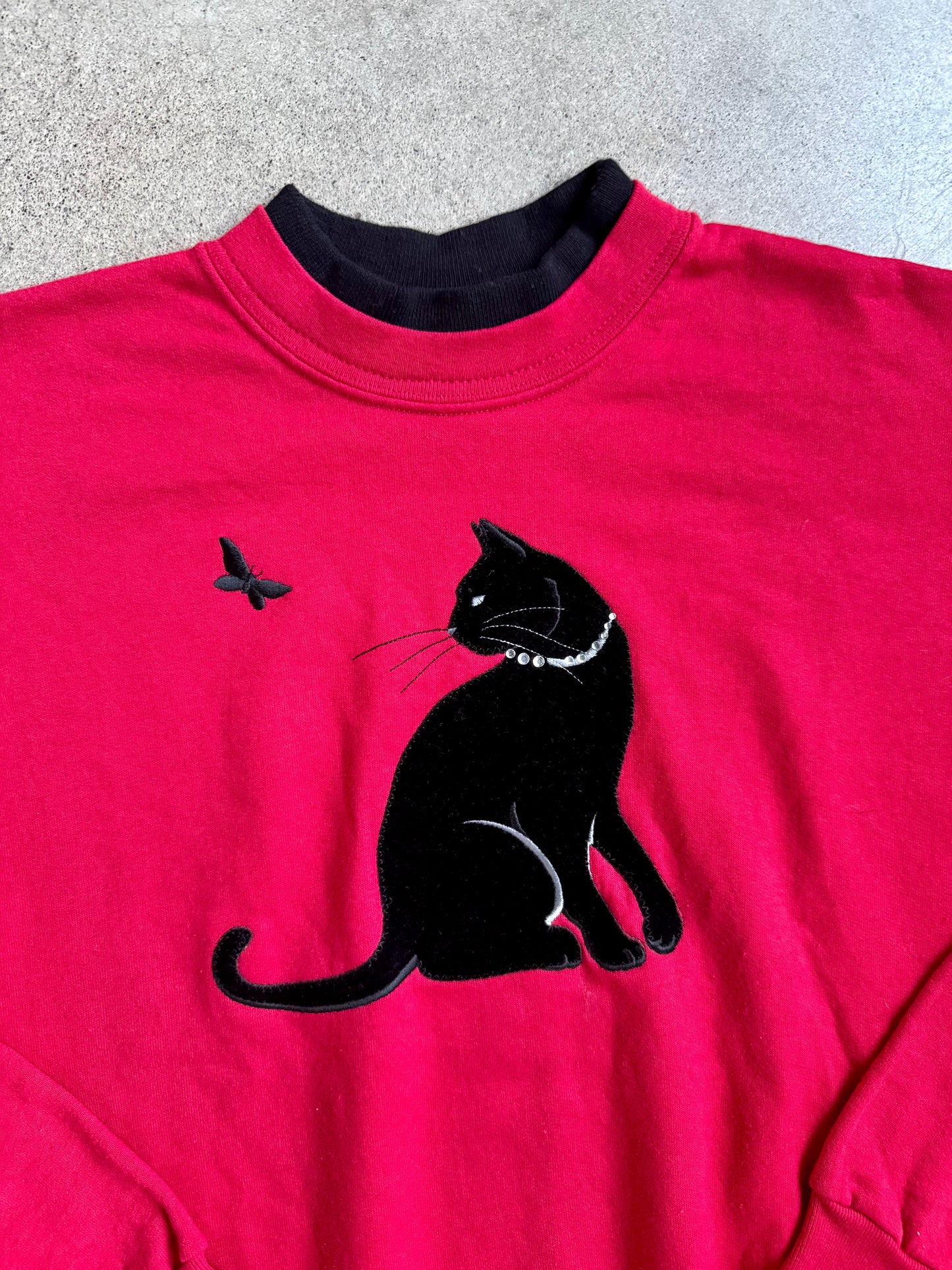 Vintage 1980s Top Stitch Black Cat Red Crewneck Sweatshirt | XL