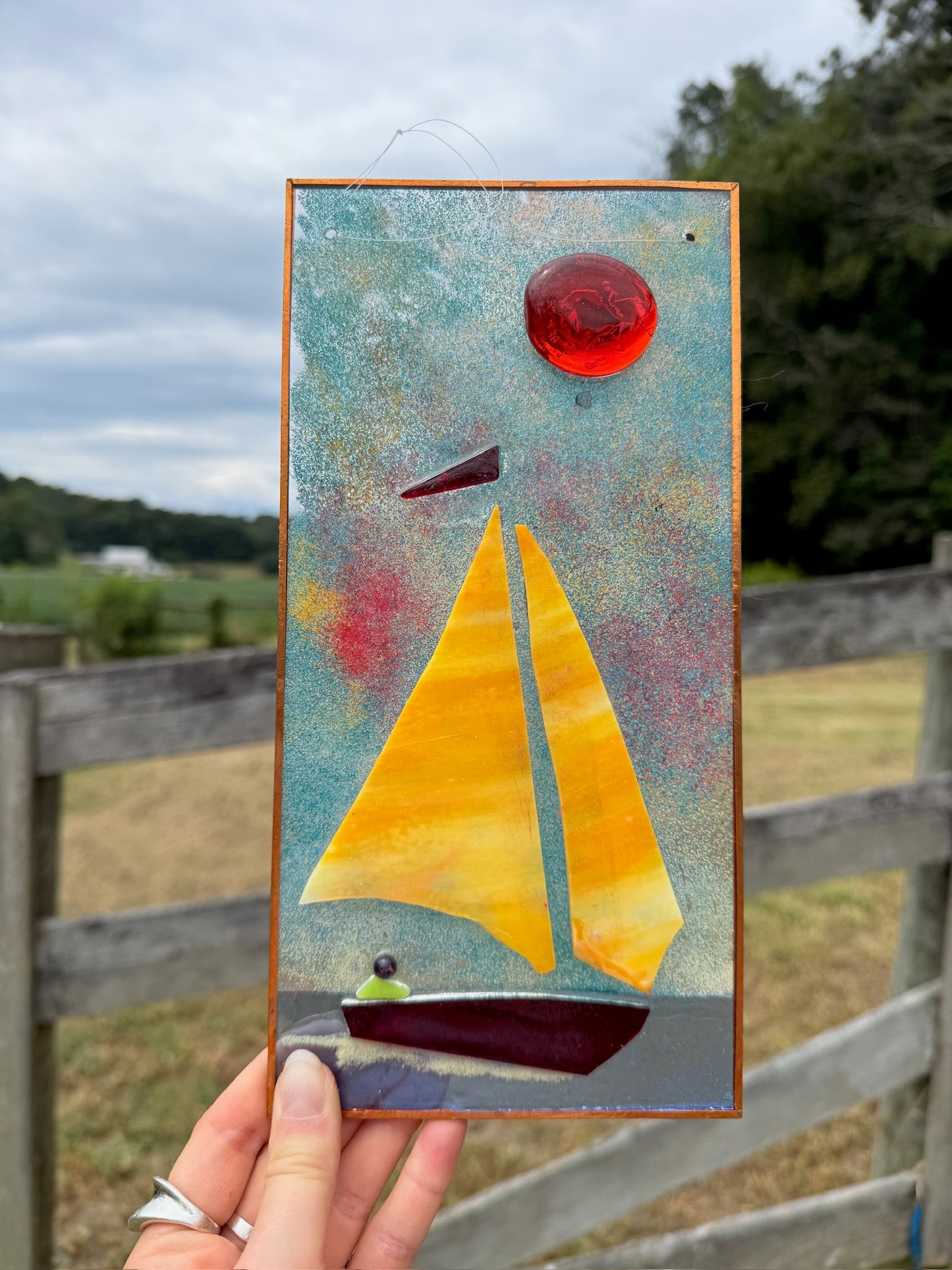 Vintage 1980s Handmade Stained Glass Sailboat Suncatcher