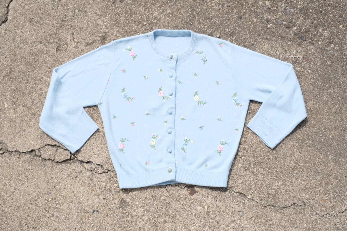 Vintage Pale Blue Embroidered Floral Cardigan