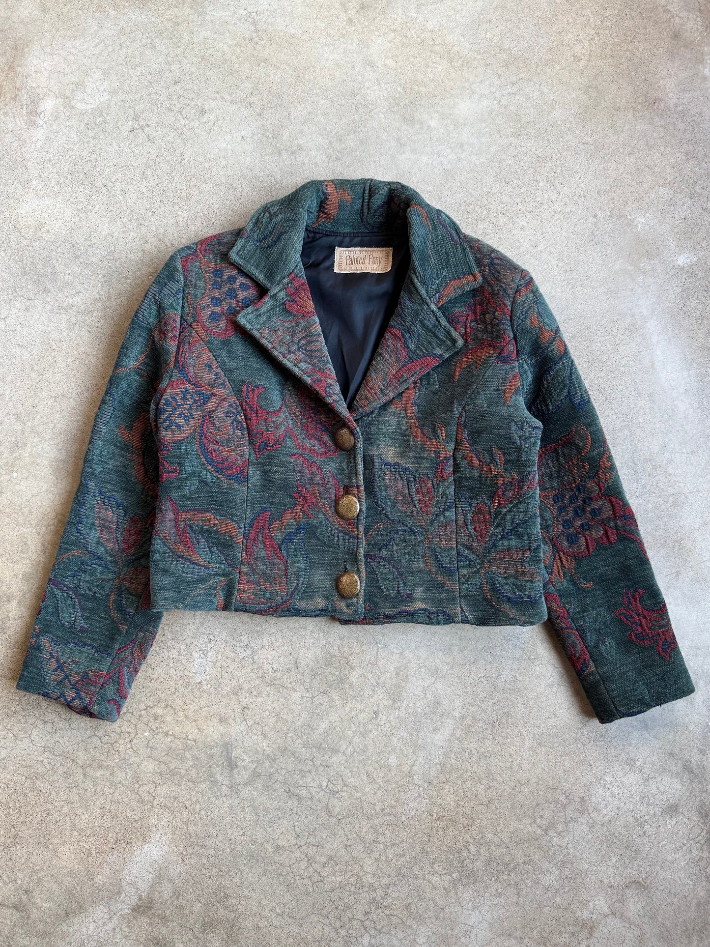 Vintage 1990s Painted Pony Cropped Floral Tapestry Jacket | Small