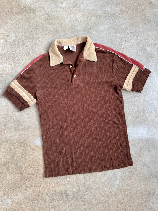 Vintage 1970s Kennington Brown Terrycloth Short Sleeve Polo Shirt | Medium