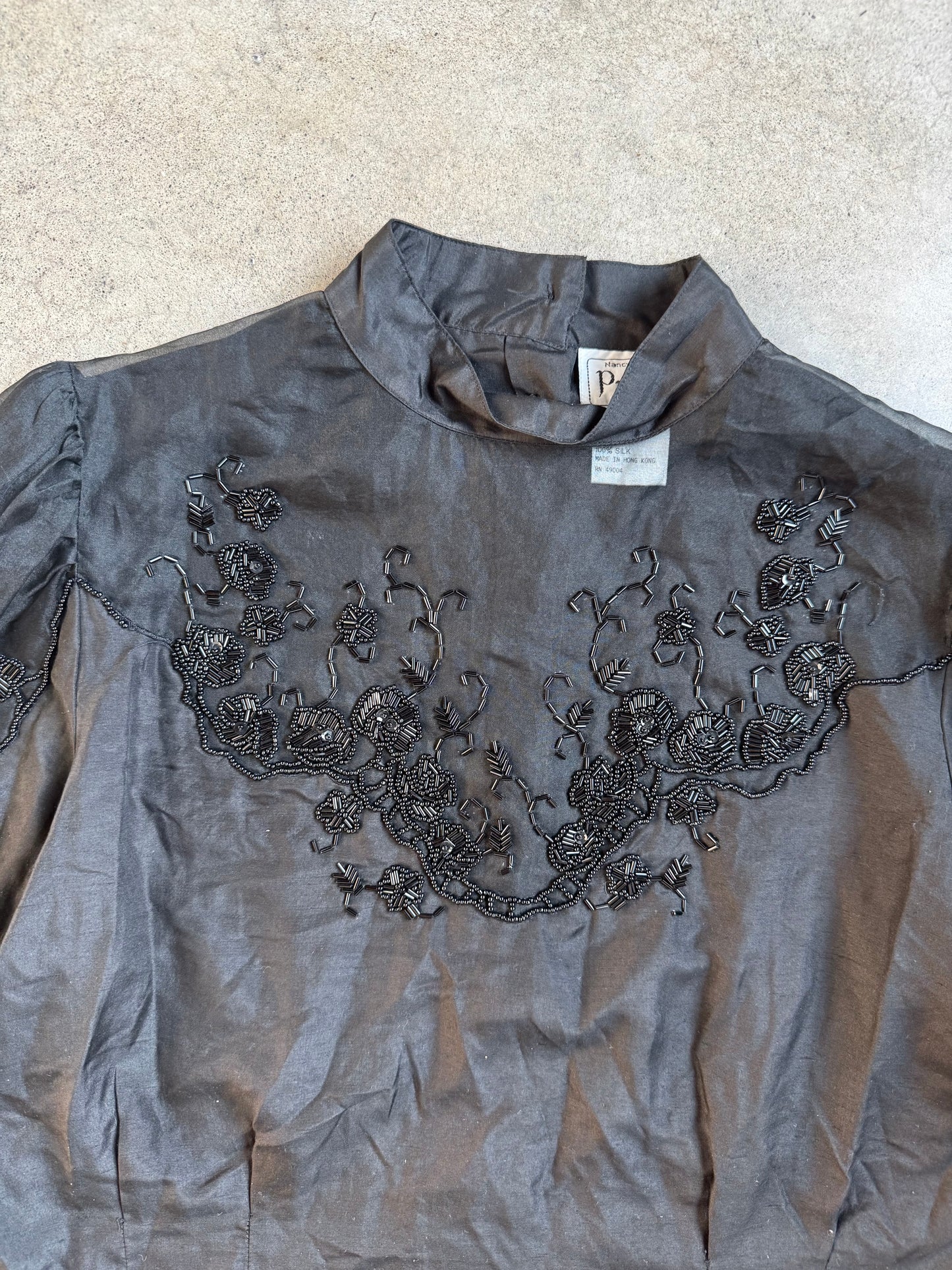 Vintage 1980s Nancy Johnson for Prisma Black Beaded 100% Silk Blouse | Medium