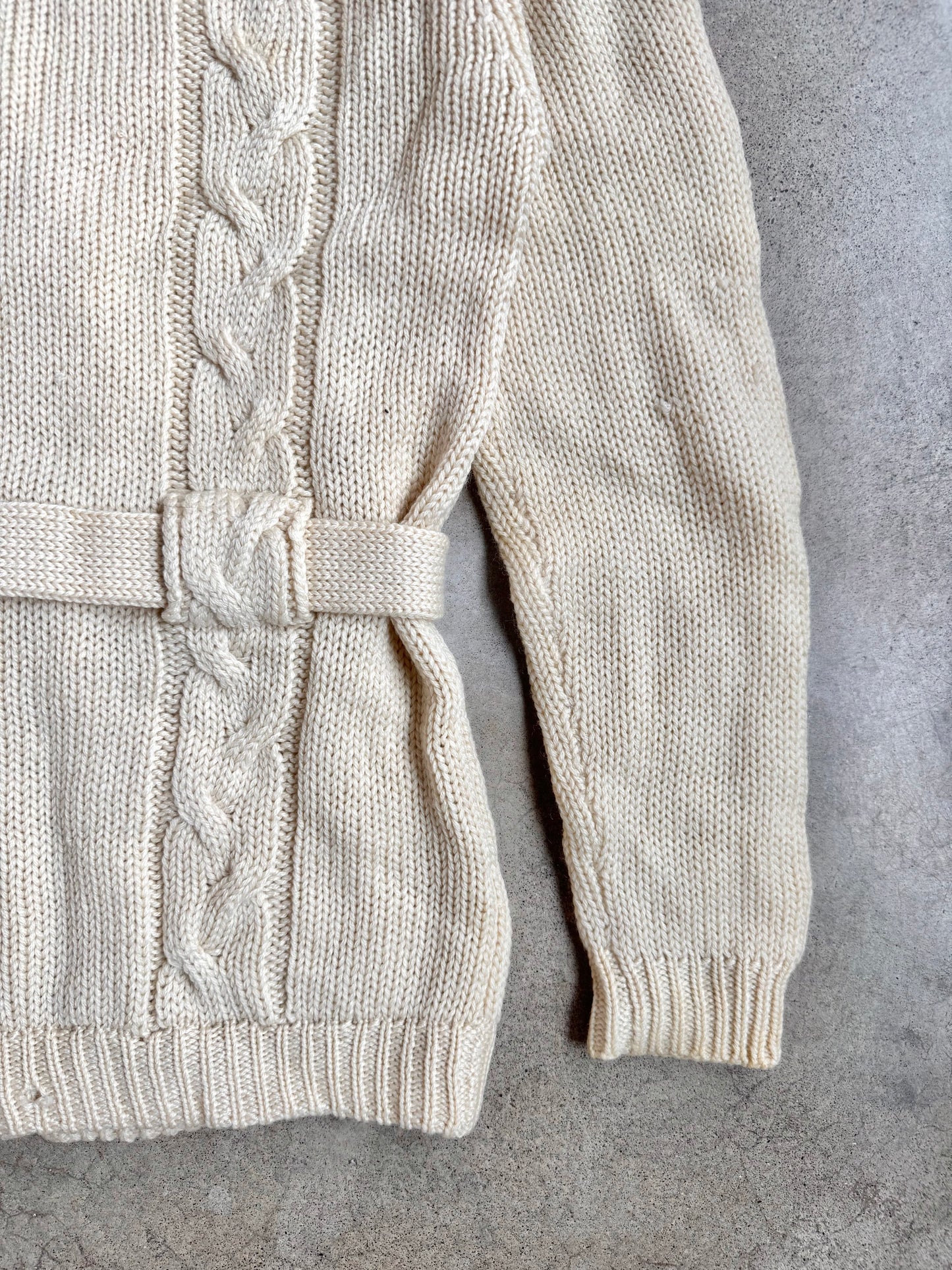Vintage 1960s Sears 100% Wool Cream Cable Knit Belted Cardigan | Medium