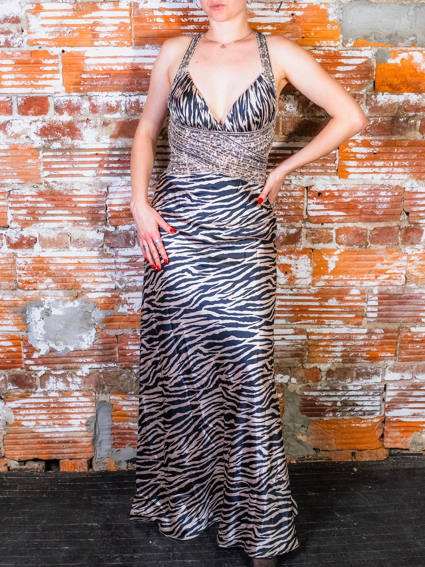 2000s Jovani Satin Zebra Print Sequined Floor Length Formal Dress | Small
