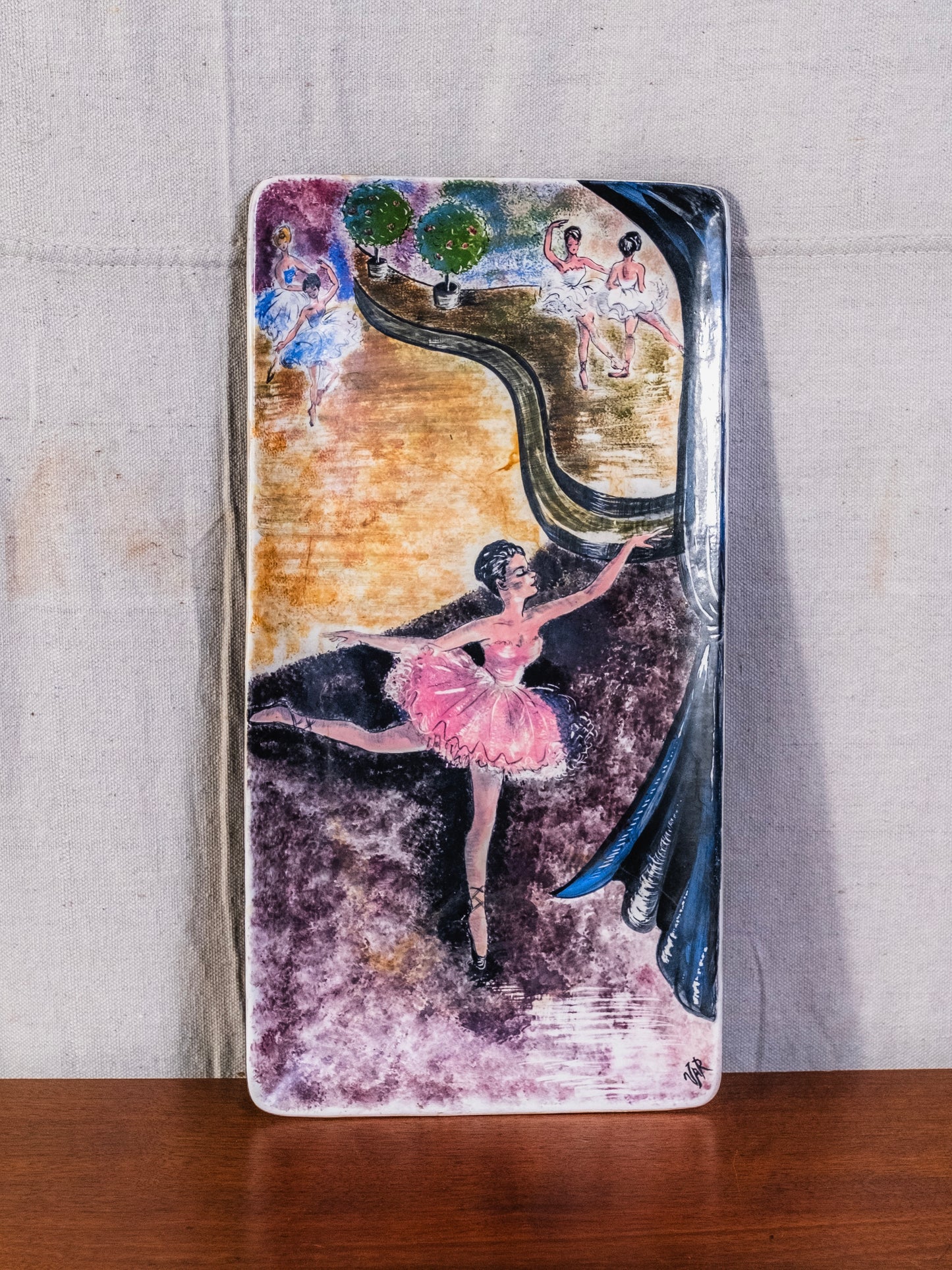 Vintage 1960s Handmade & Signed "Dancing Ballerina" Ceramic Dish / Wall Tray