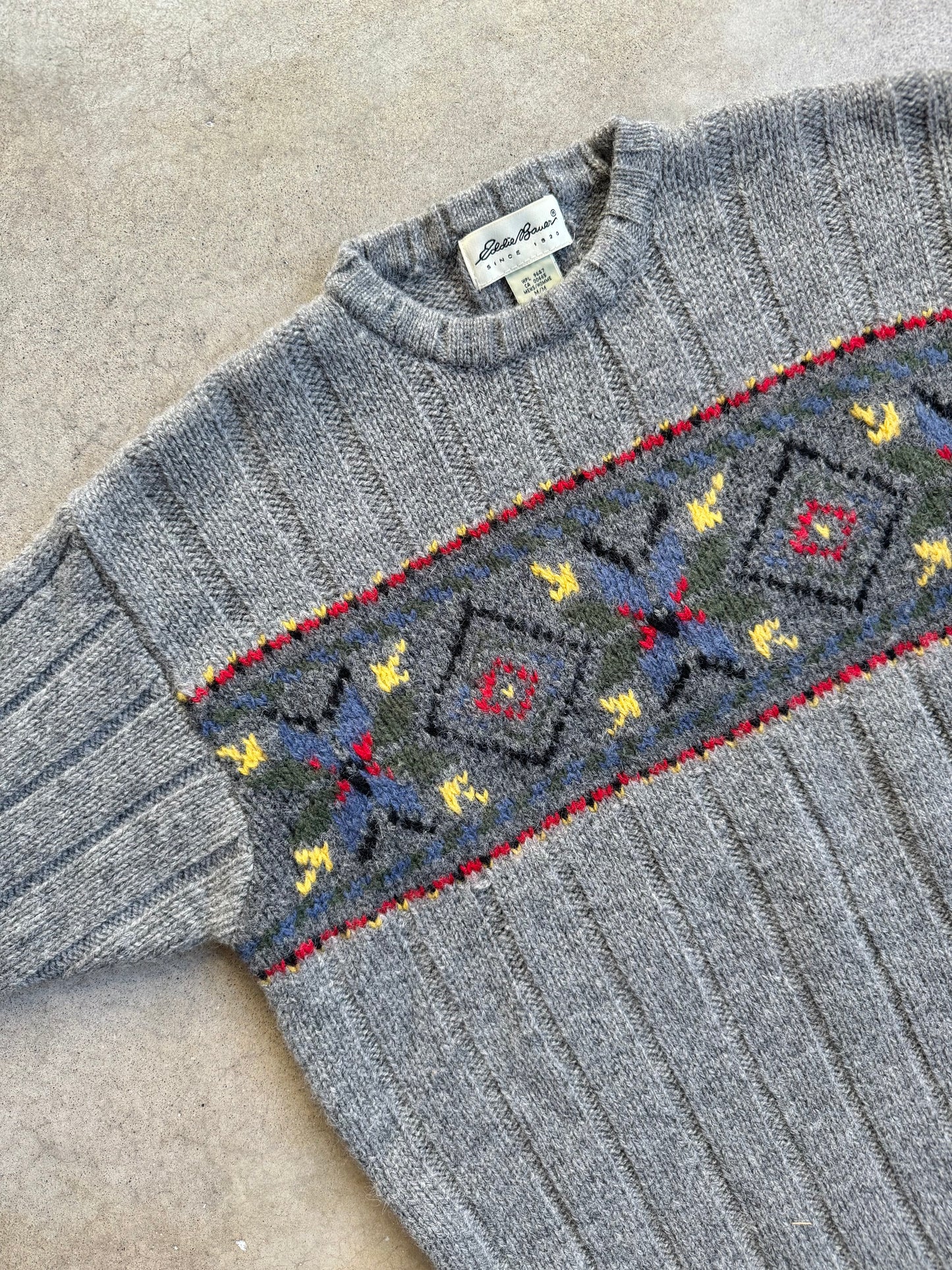 Vintage 1990s Eddie Bauer Grey Nordic Pattern Wool Sweater | Medium