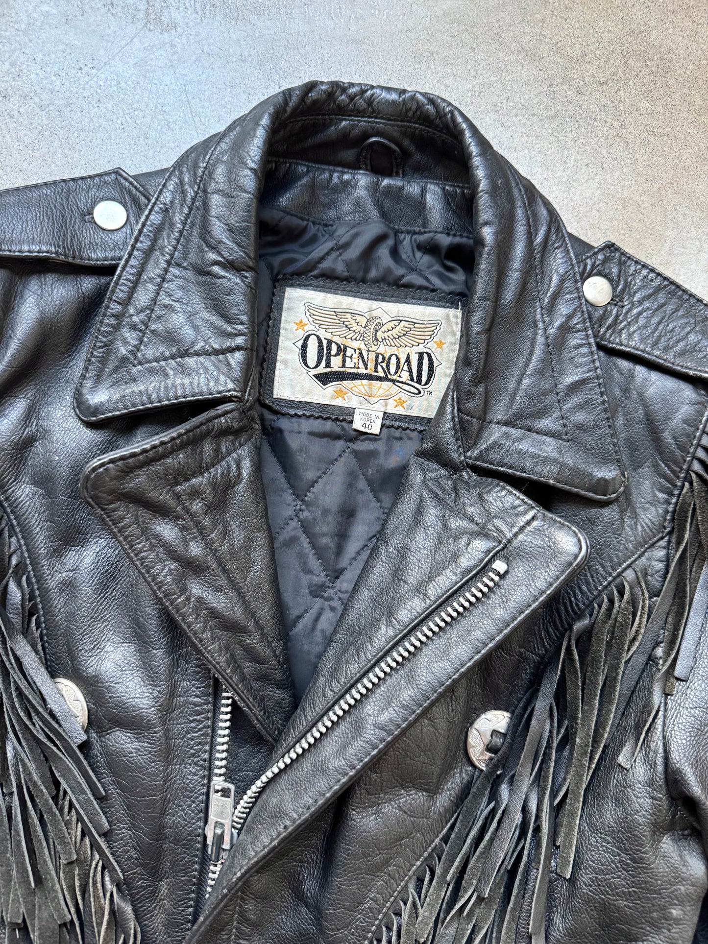 Vintage 1980s Open Road Black Leather Western Fringe Biker Jacket | 40