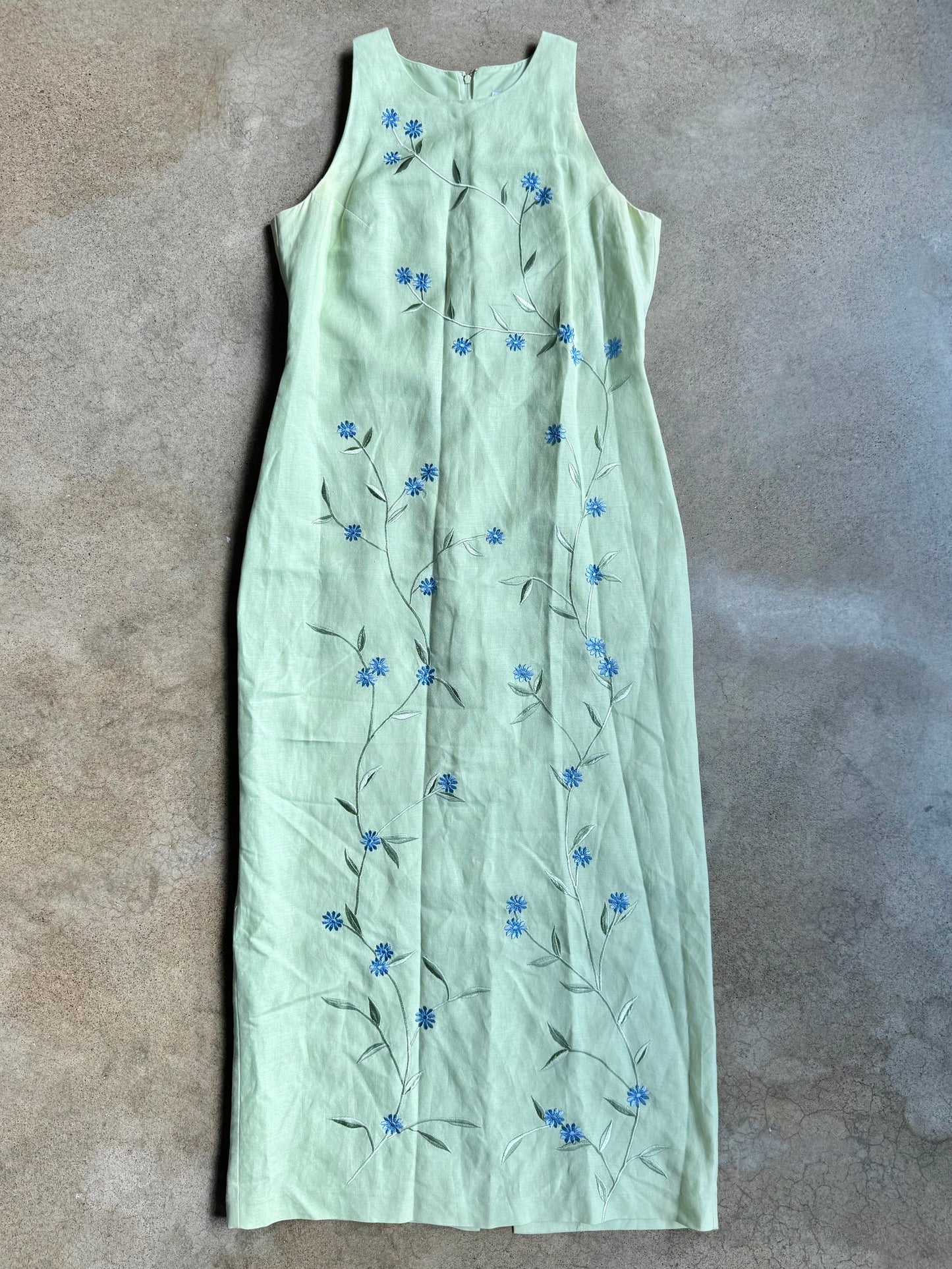 Vintage Plaza South Green & Blue Floral Embroidered Linen-Blend Maxi Dress | Small