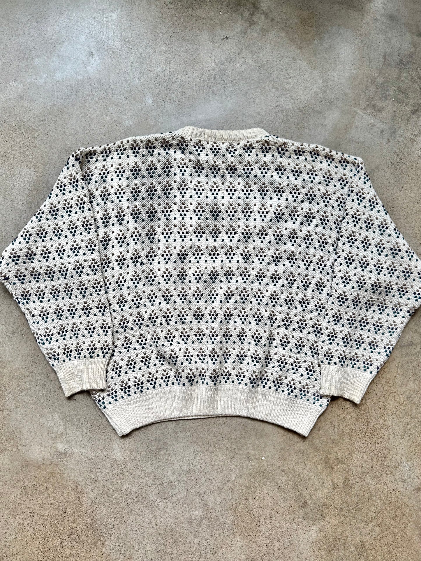 Vintage 1990s Eddie Bauer Cream Patterned Knit Cotton Crewneck Sweater | XL