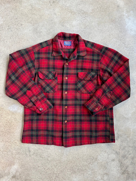 Vintage 1960s Pendleton Red & Green Plaid Wool Flannel Shirt | Large