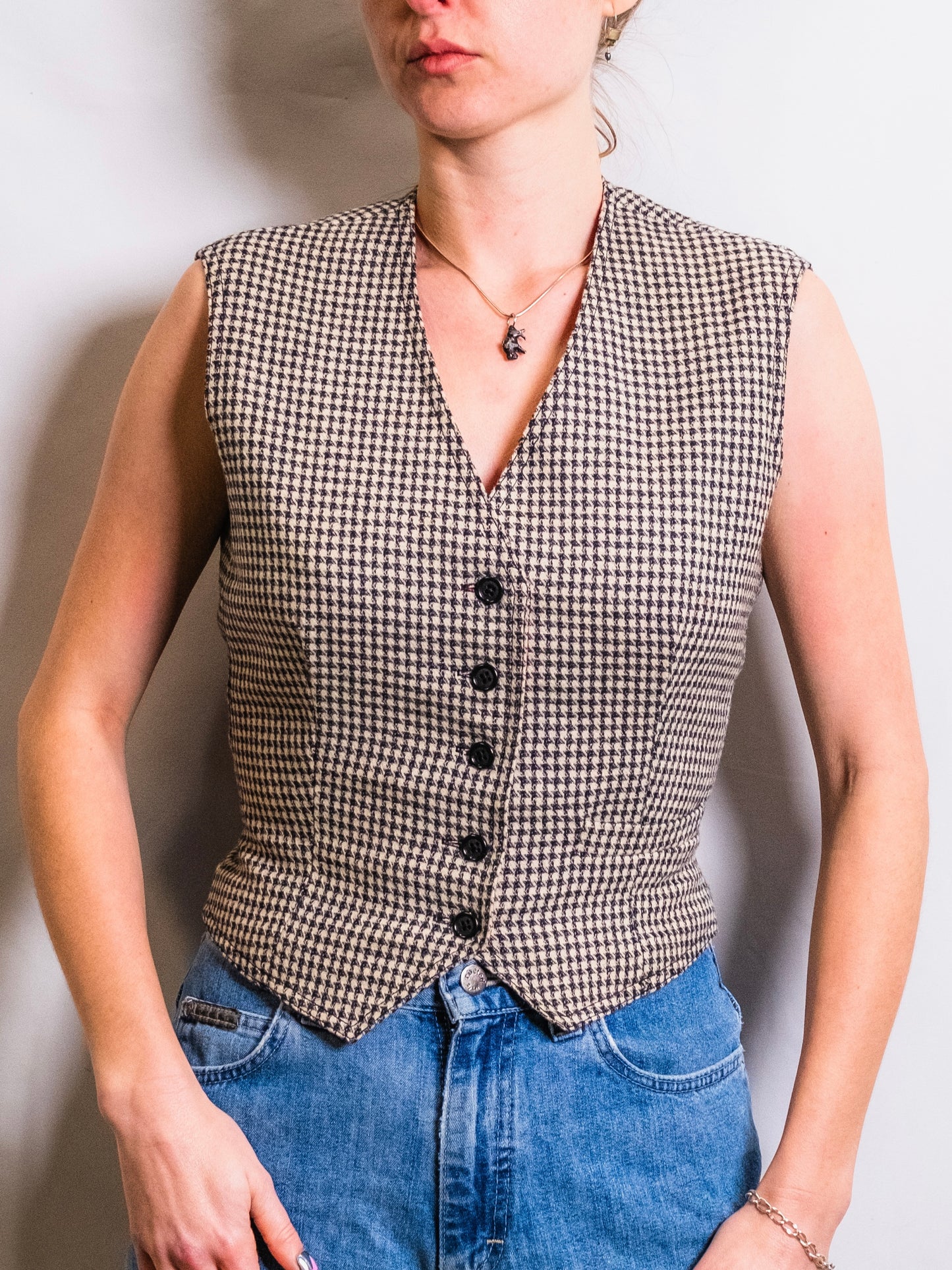 Vintage 1960s Houndstooth Wool Waistcoat Vest | S/M