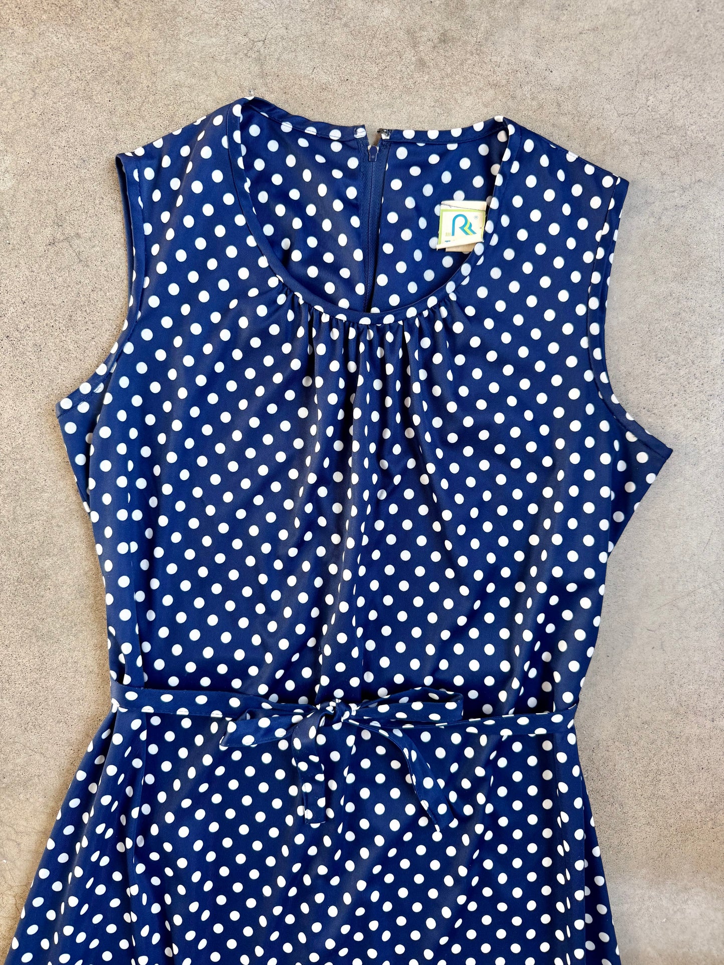 Vintage 1970s Three R’s Navy & White Polka Dot Tie-Waist Dress | Large