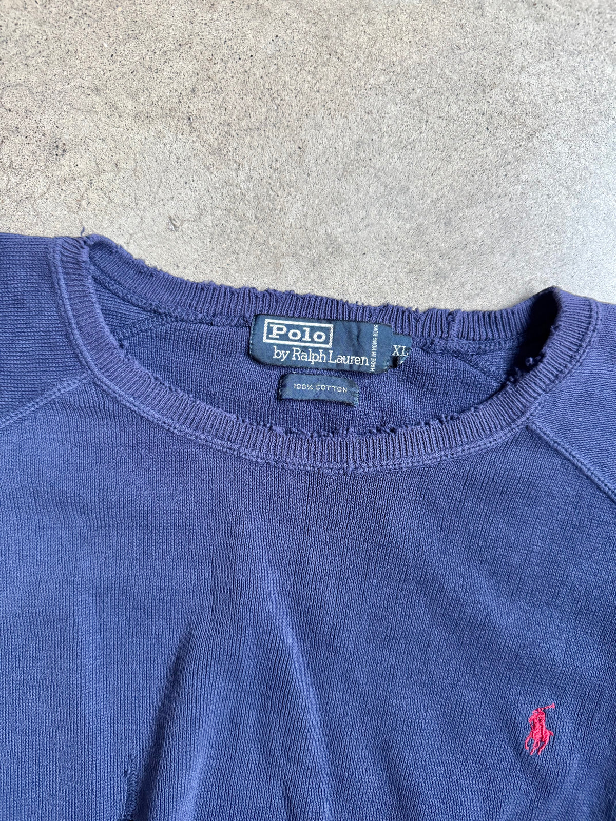Vintage 1990s Polo Ralph Lauren Distressed Navy Short Sleeve Sweatshirt | XL