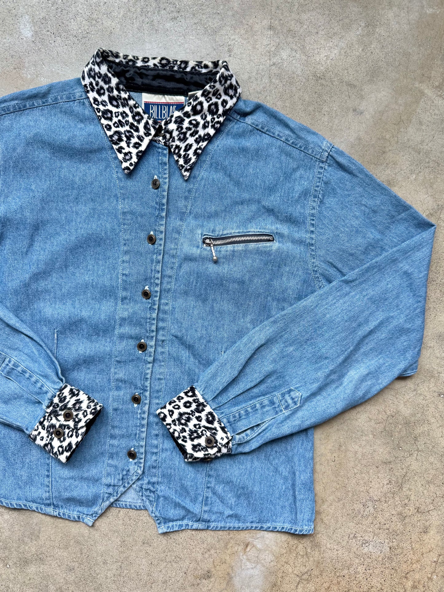 Vintage 1990s Bill Blass Leopard Print Trim Denim Shirt | Medium