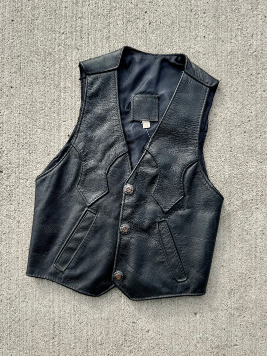 Vintage 1980s Kids’ Black Leather Motorcycle Vest | Youth XS