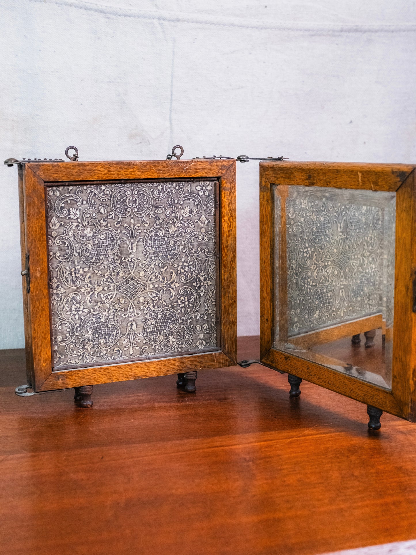 Antique Wood Folding 3-Panel Wall Mirror