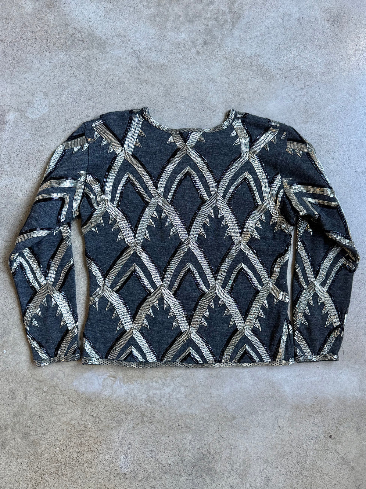 Vintage 1980s Adrienne Vittadini Silver Art Deco Beaded Wool Knit Top | Small