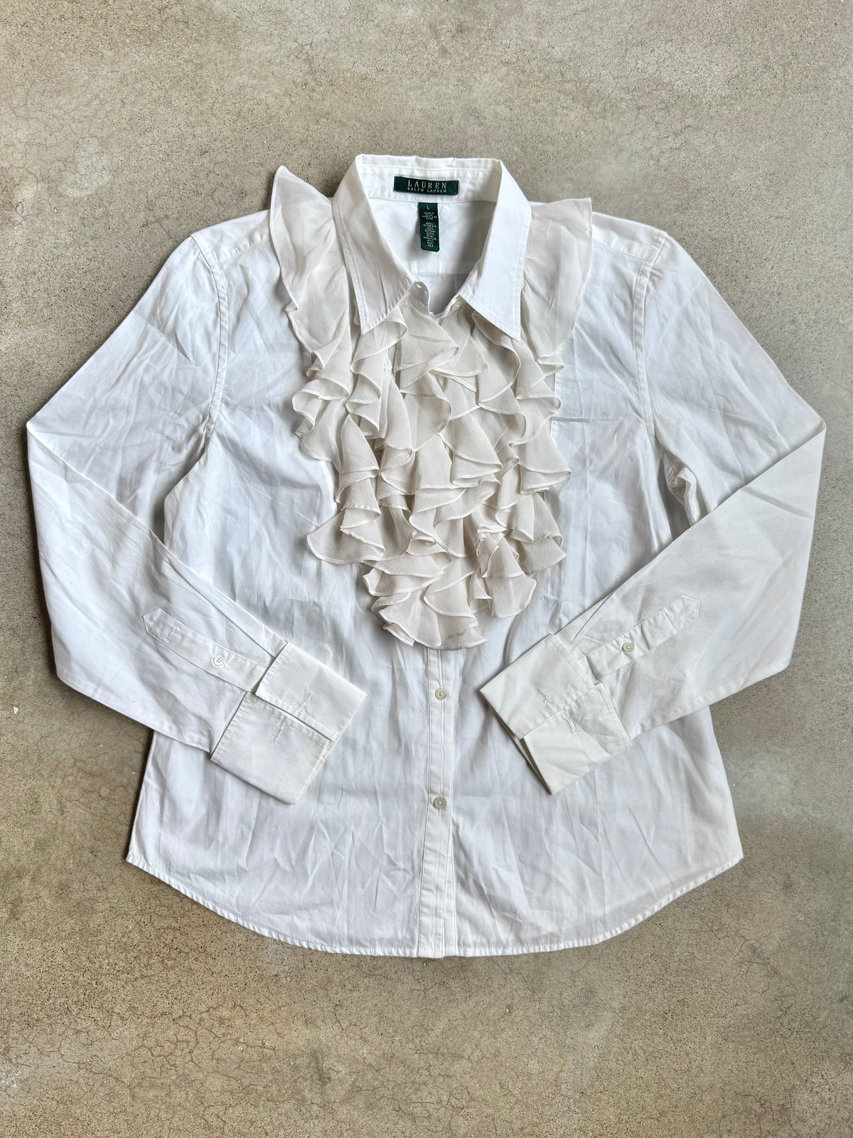 Lauren Ralph Lauren White Silk Ruffle French Cuff Cotton Shirt | Large